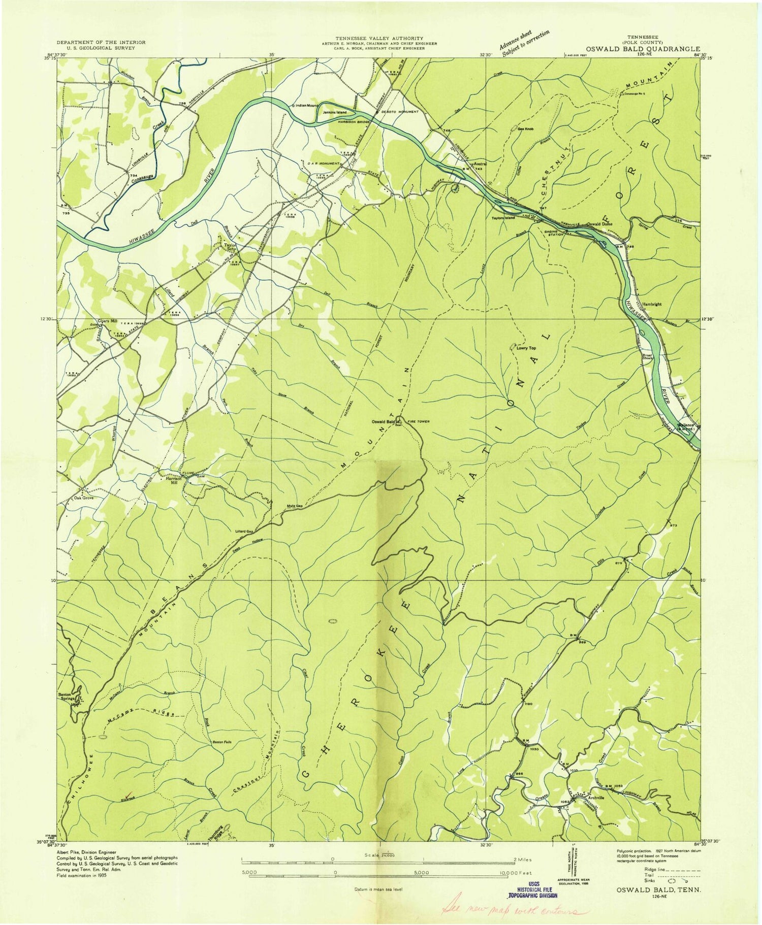 Classic USGS Oswald Dome Tennessee 7.5'x7.5' Topo Map Image