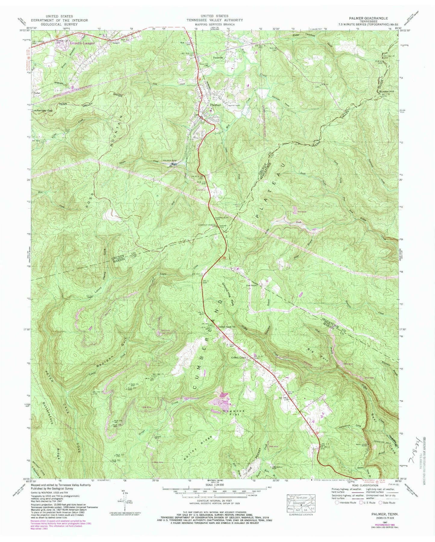 Classic USGS Palmer Tennessee 7.5'x7.5' Topo Map Image