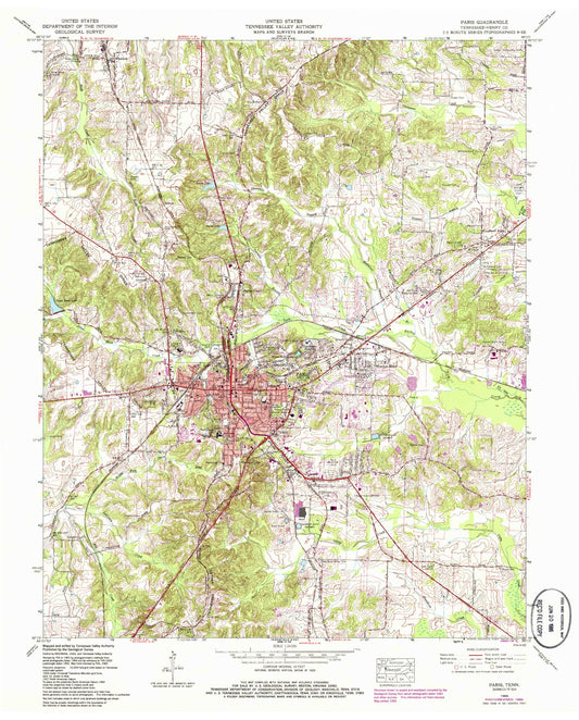 Classic USGS Paris Tennessee 7.5'x7.5' Topo Map Image