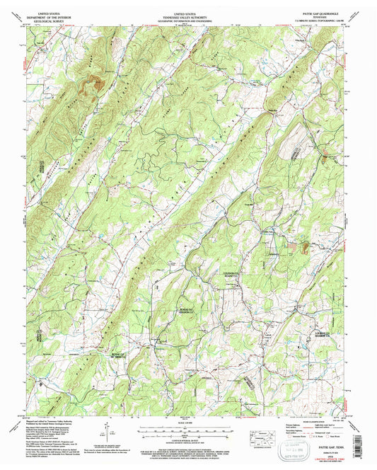 Classic USGS Pattie Gap Tennessee 7.5'x7.5' Topo Map Image