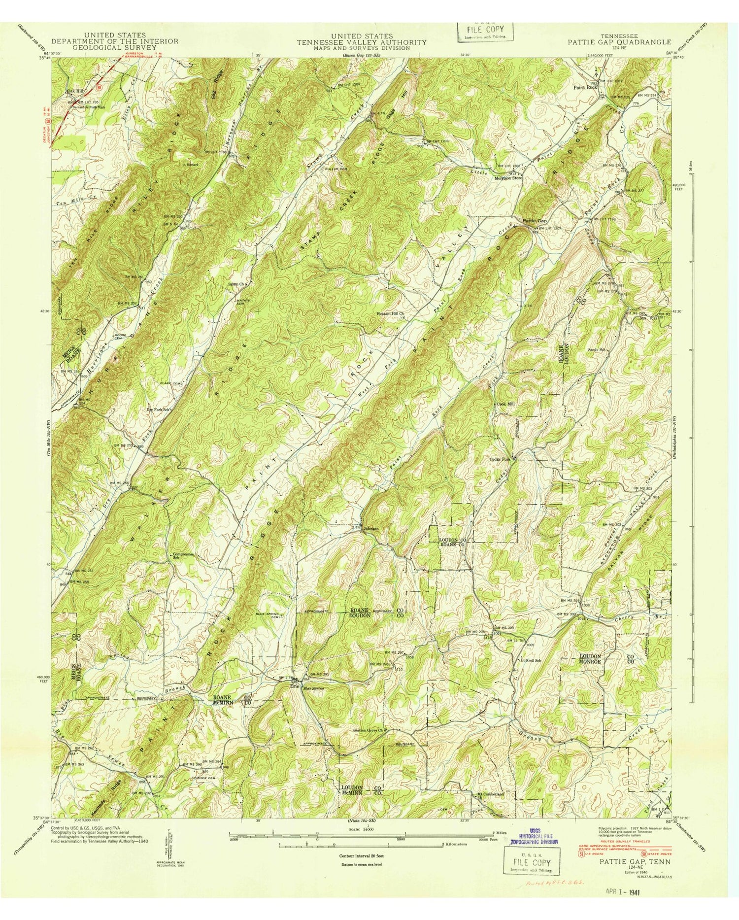 Classic USGS Pattie Gap Tennessee 7.5'x7.5' Topo Map Image