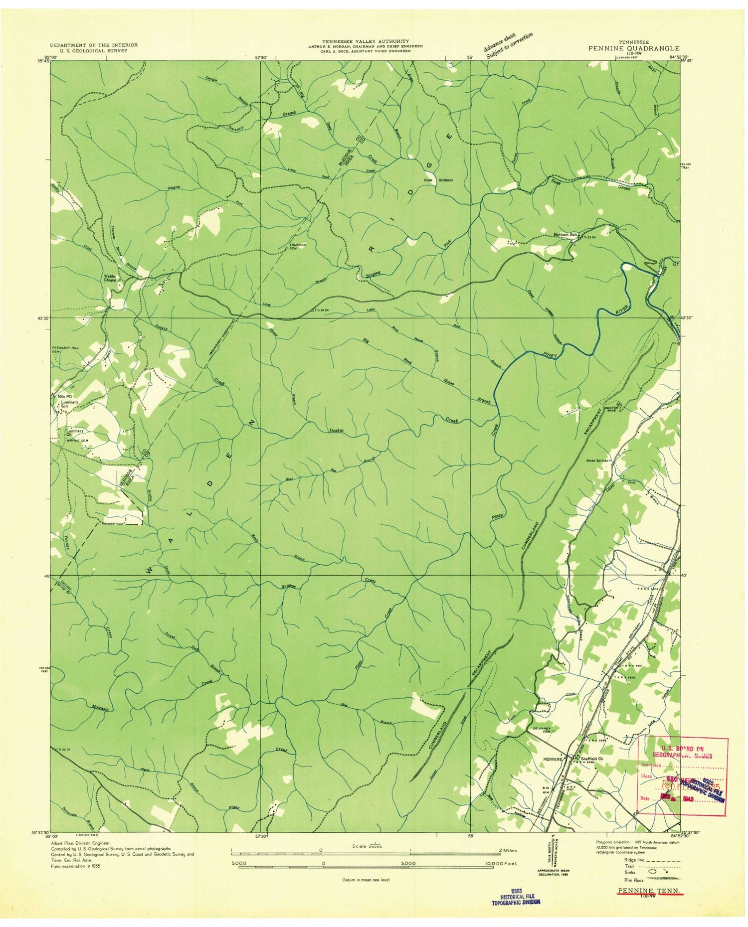Classic USGS Pennine Tennessee 7.5'x7.5' Topo Map Image