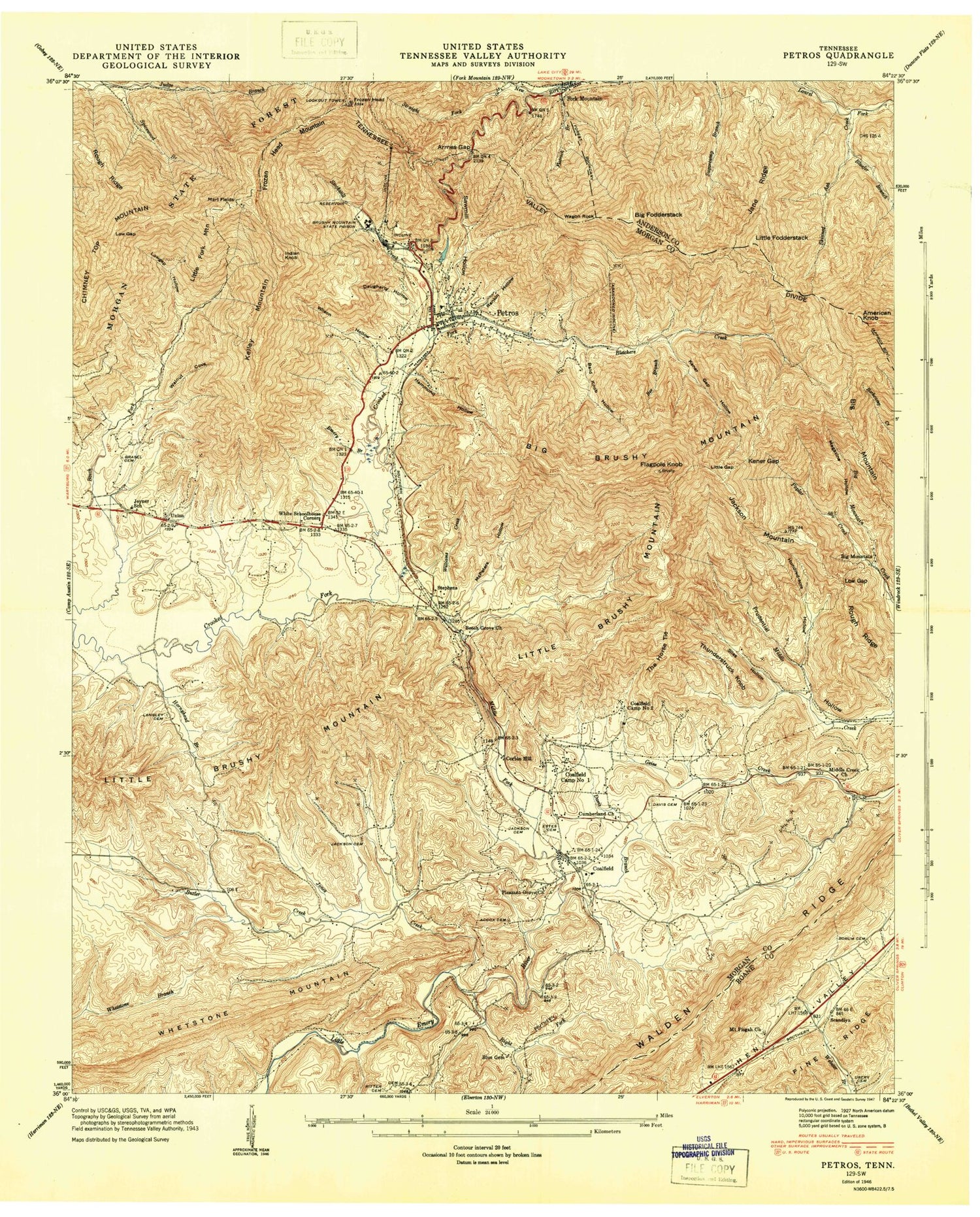 USGS Classic Petros Tennessee 7.5'x7.5' Topo Map Image