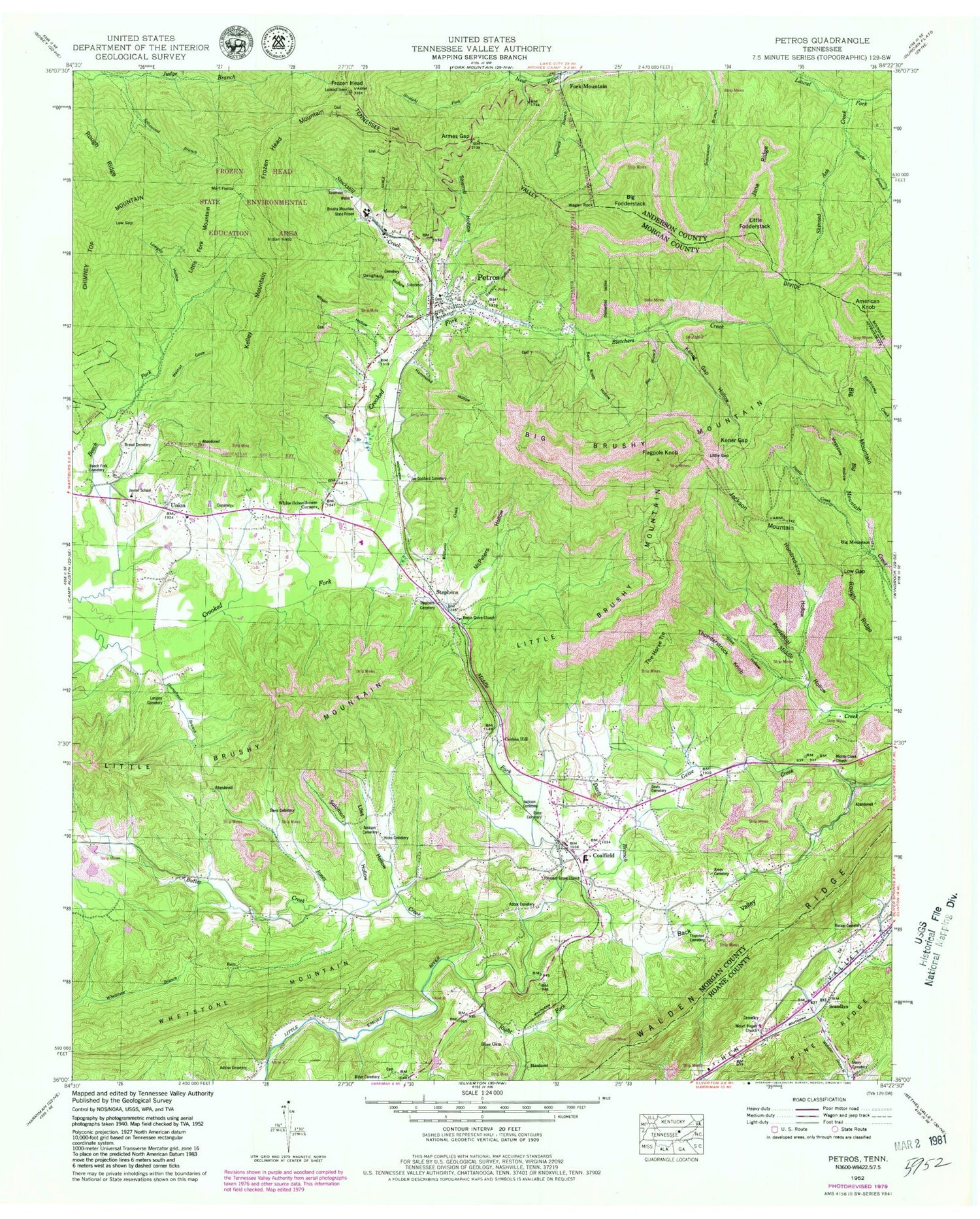 USGS Classic Petros Tennessee 7.5'x7.5' Topo Map Image