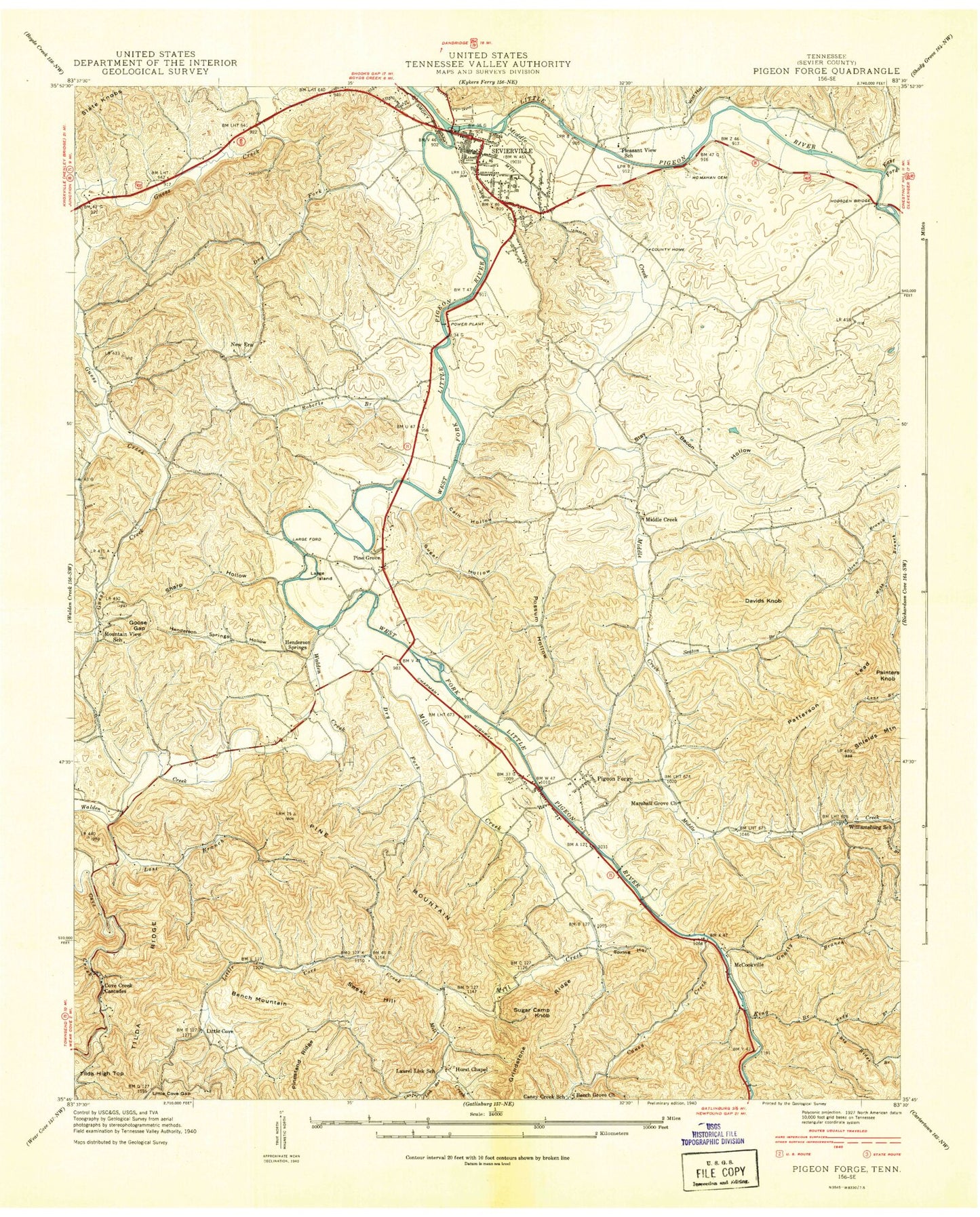 Classic USGS Pigeon Forge Tennessee 7.5'x7.5' Topo Map Image
