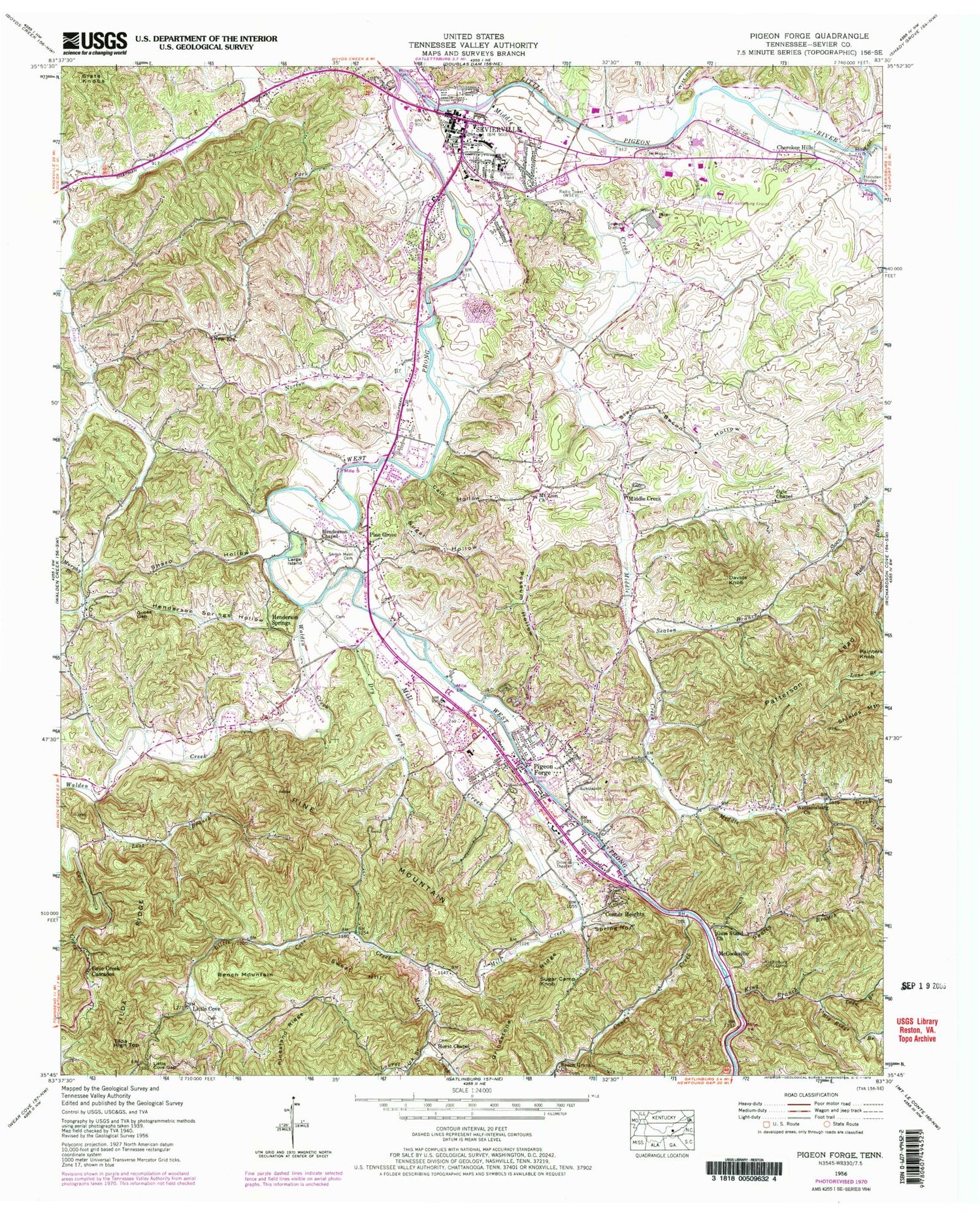 Classic USGS Pigeon Forge Tennessee 7.5'x7.5' Topo Map Image