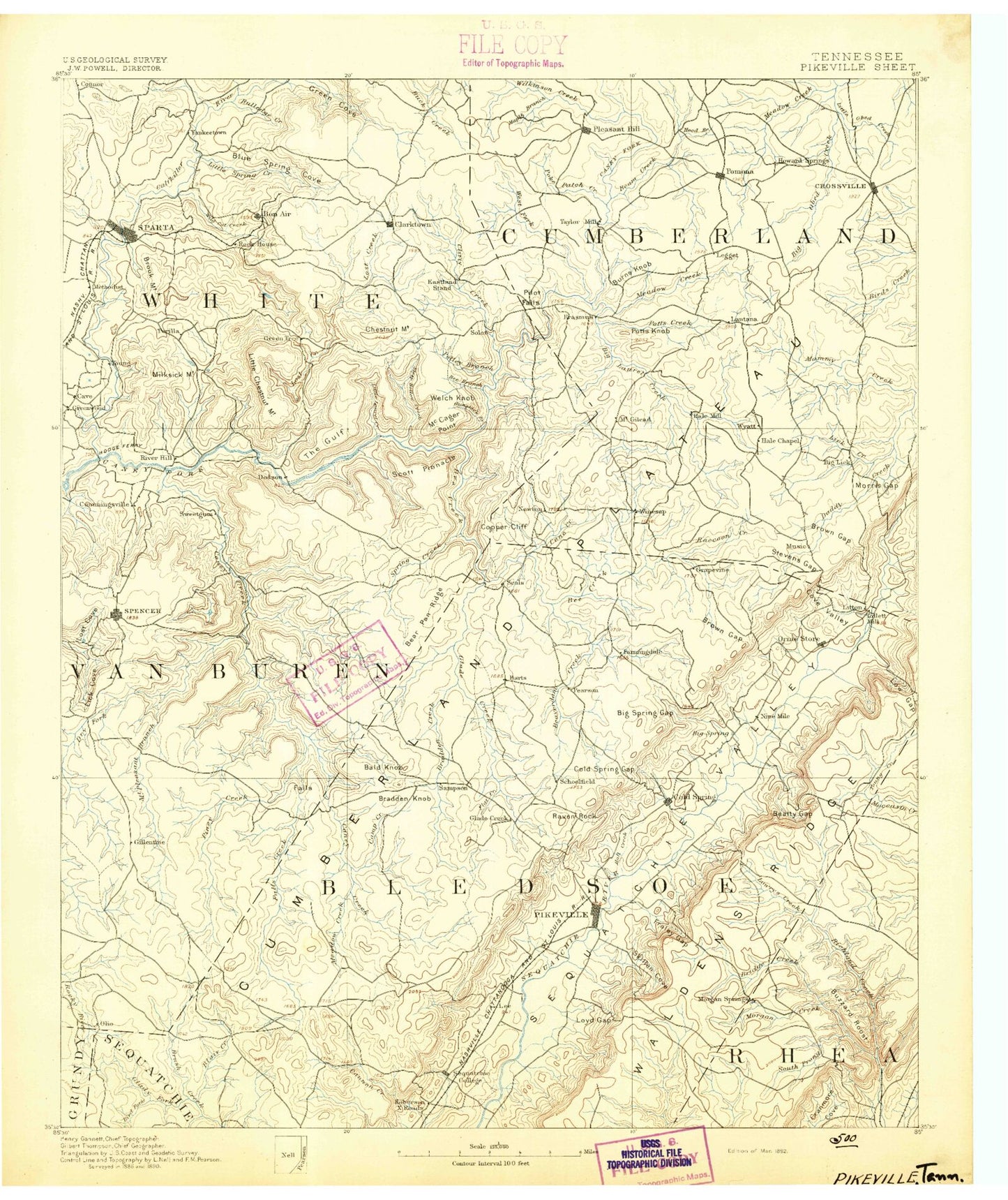 Historic 1892 Pikeville Tennessee 30'x30' Topo Map Image