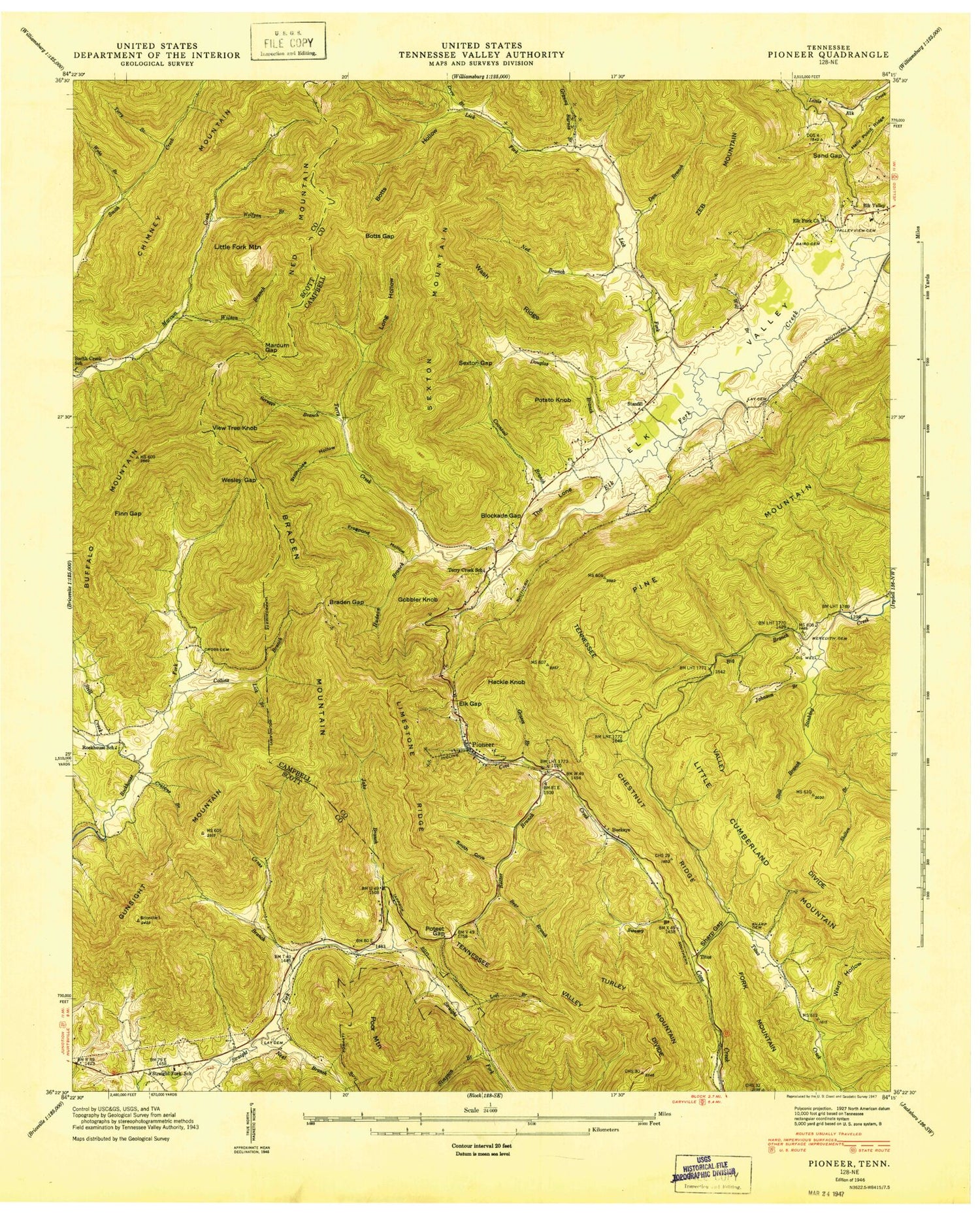 Classic USGS Pioneer Tennessee 7.5'x7.5' Topo Map Image