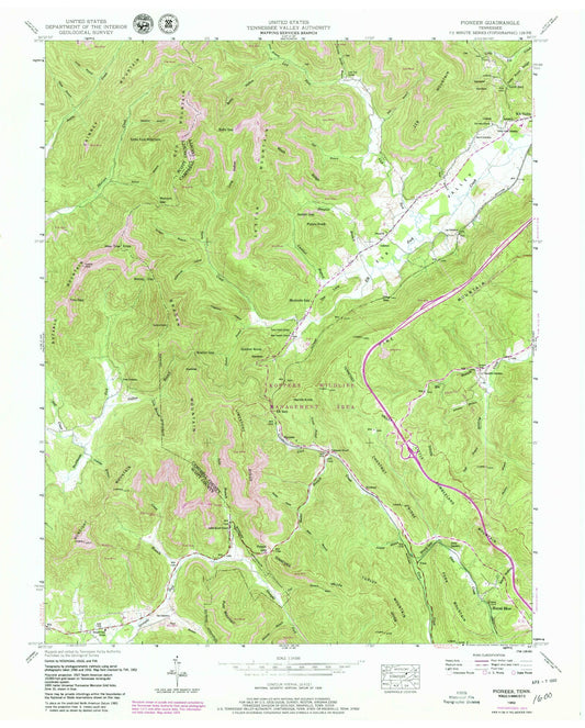 Classic USGS Pioneer Tennessee 7.5'x7.5' Topo Map Image
