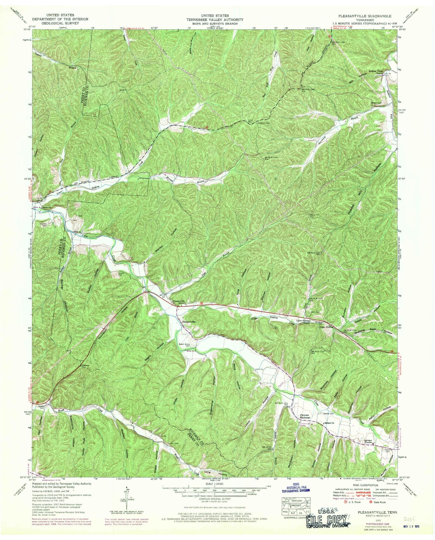 Classic USGS Pleasantville Tennessee 7.5'x7.5' Topo Map Image