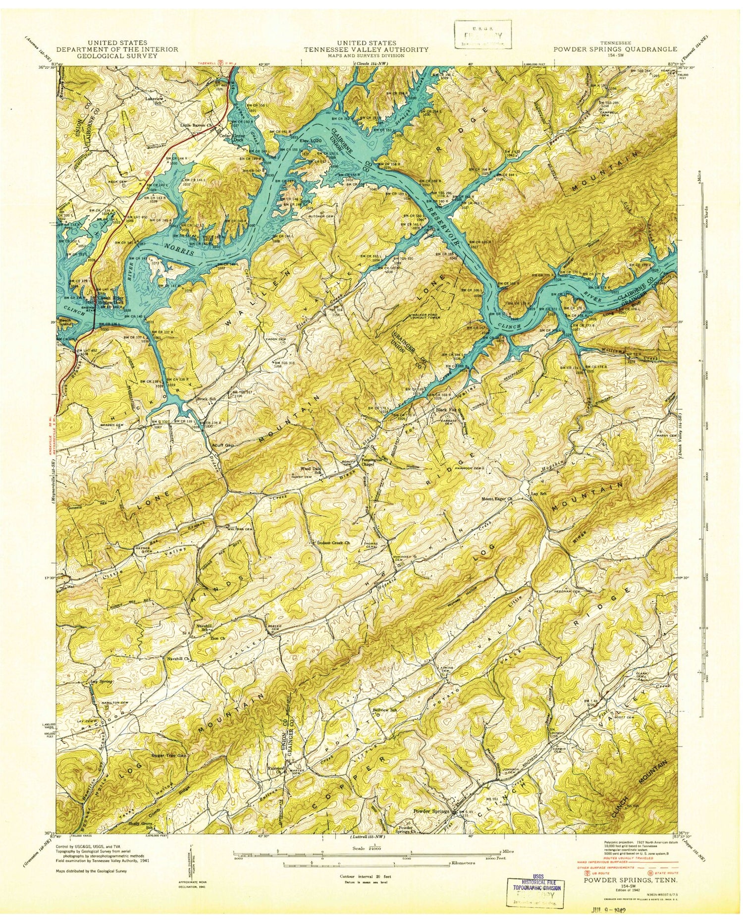 Classic USGS Powder Springs Tennessee 7.5'x7.5' Topo Map Image