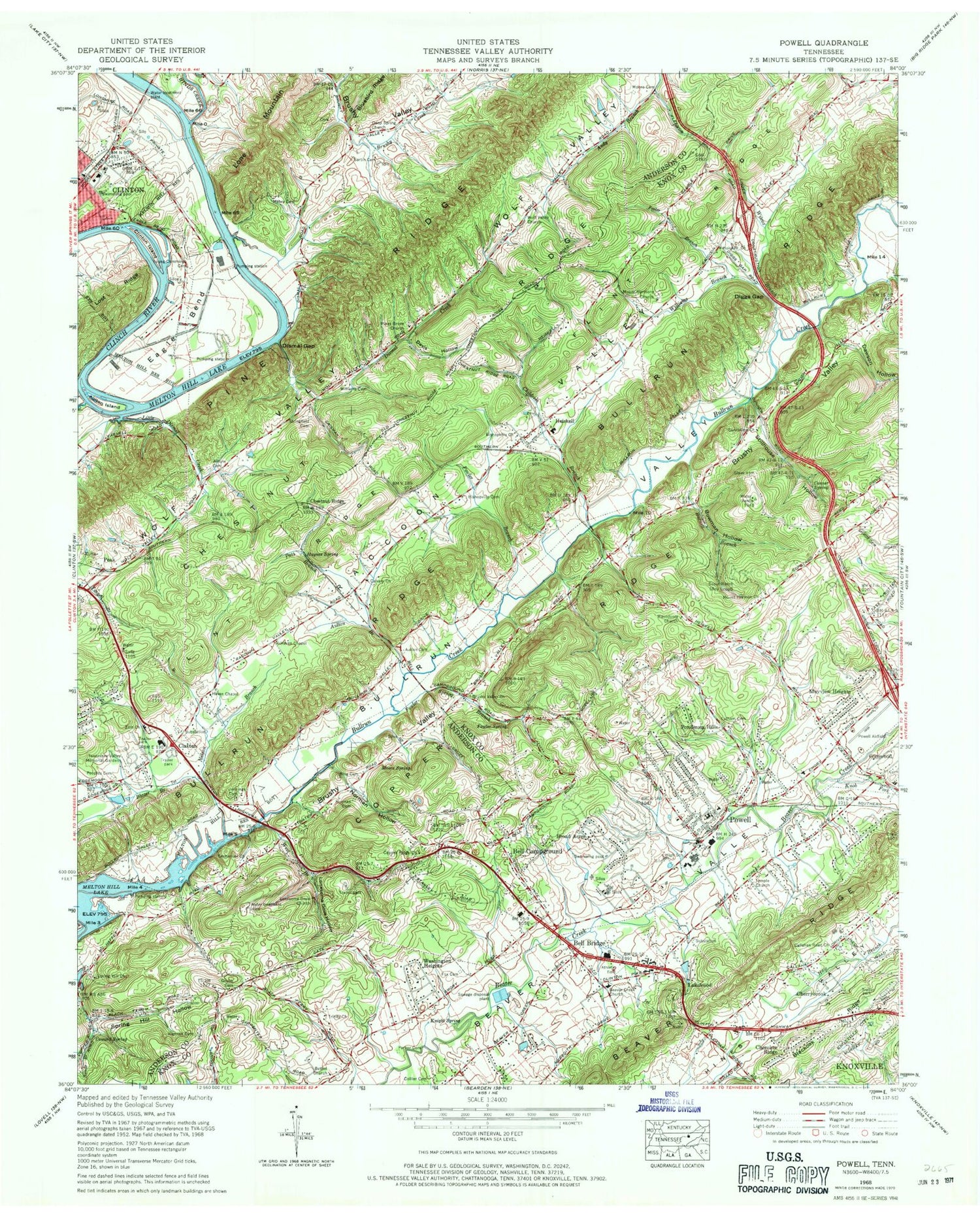 Classic USGS Powell Tennessee 7.5'x7.5' Topo Map Image