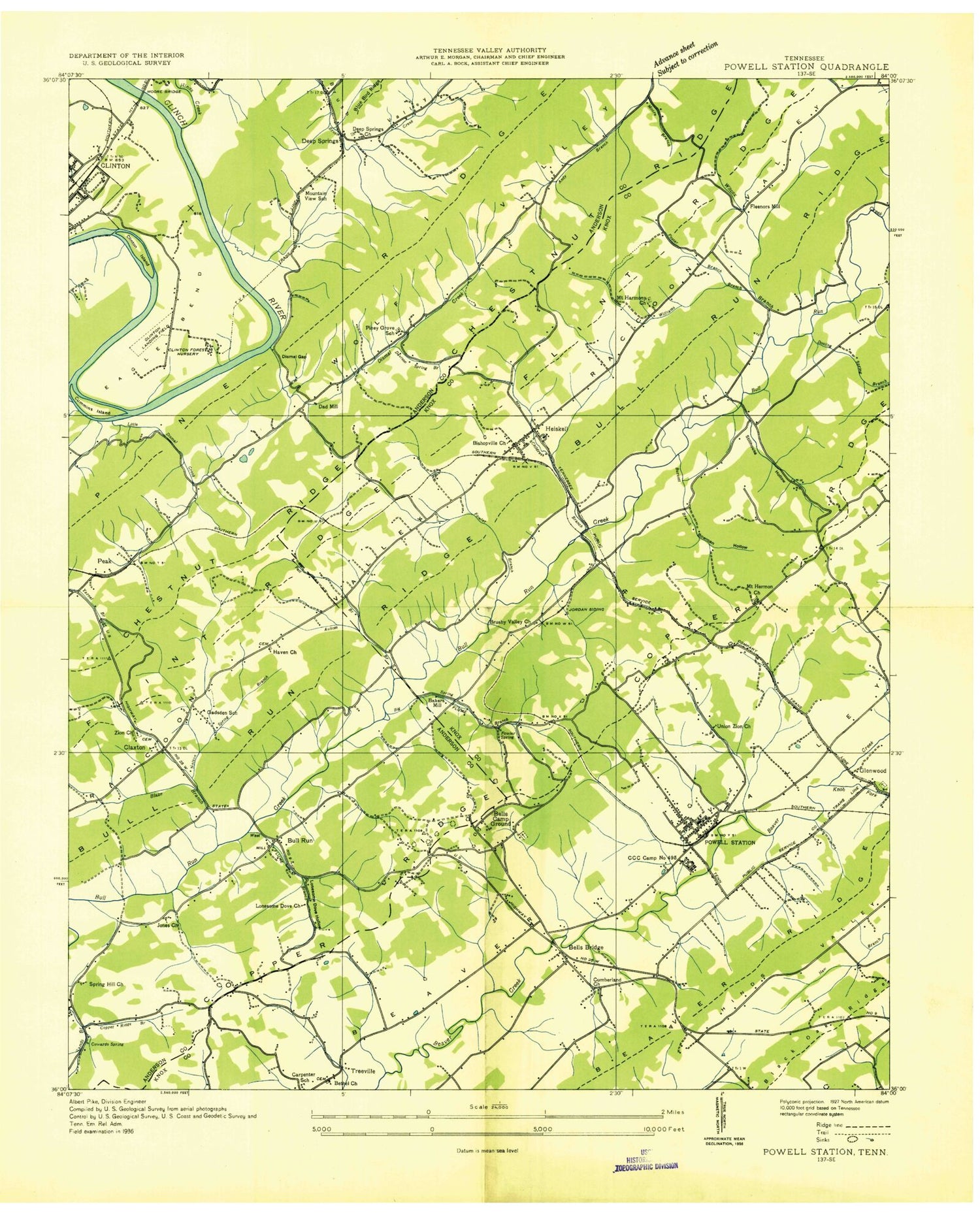 Classic USGS Powell Tennessee 7.5'x7.5' Topo Map Image