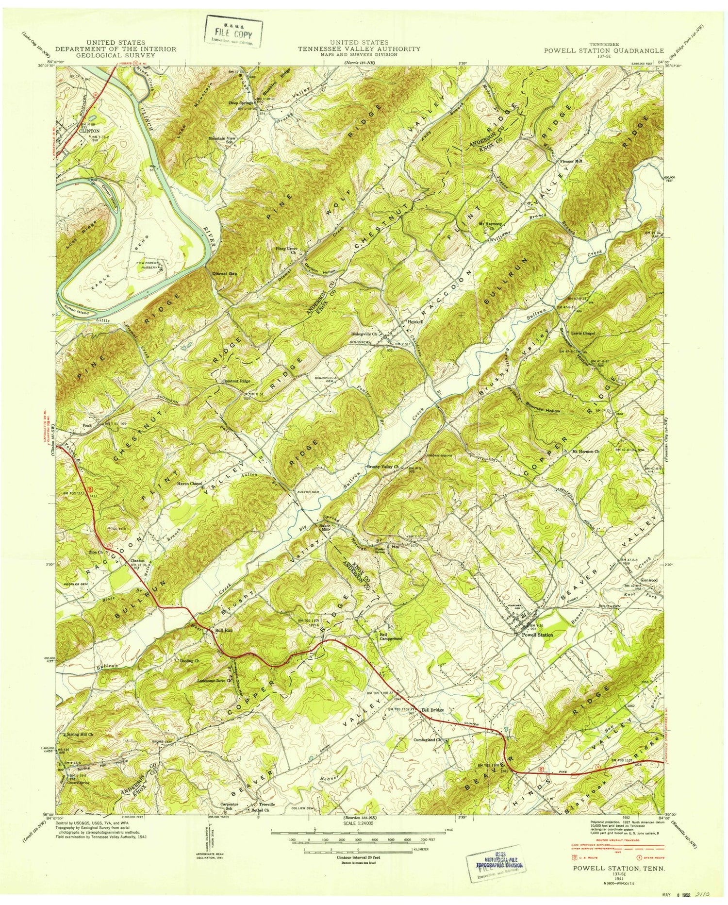 Classic USGS Powell Tennessee 7.5'x7.5' Topo Map Image