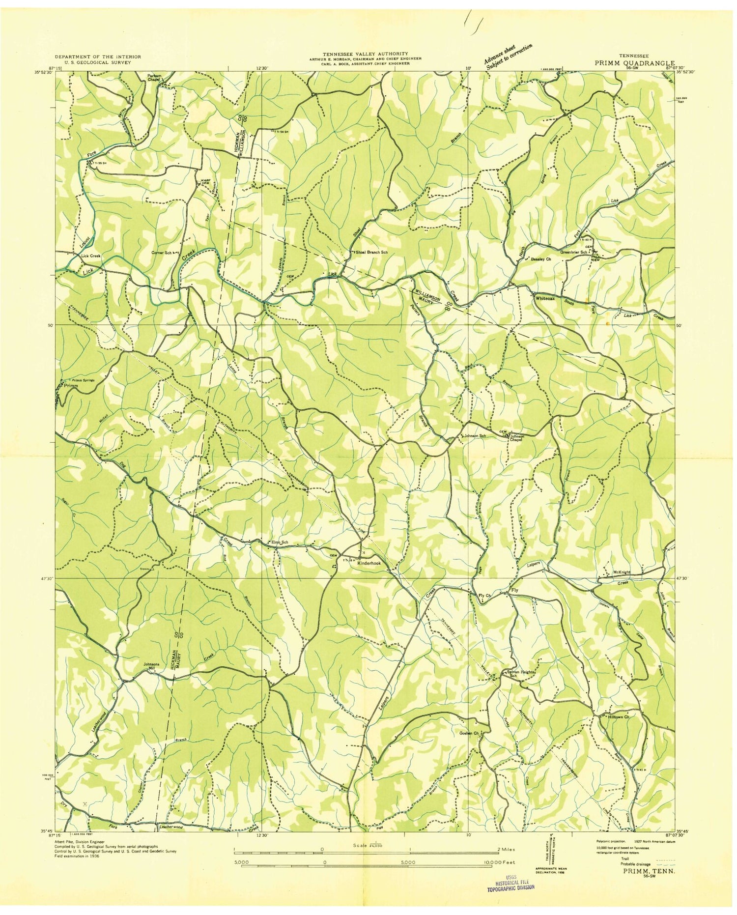 Classic USGS Primm Springs Tennessee 7.5'x7.5' Topo Map Image