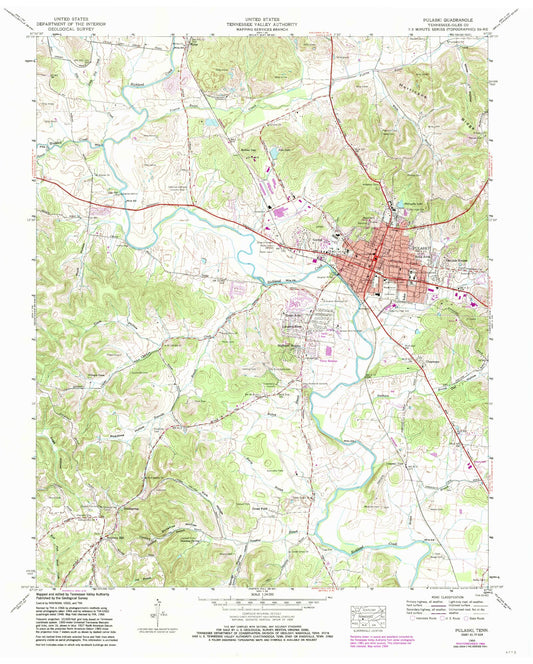 Classic USGS Pulaski Tennessee 7.5'x7.5' Topo Map Image