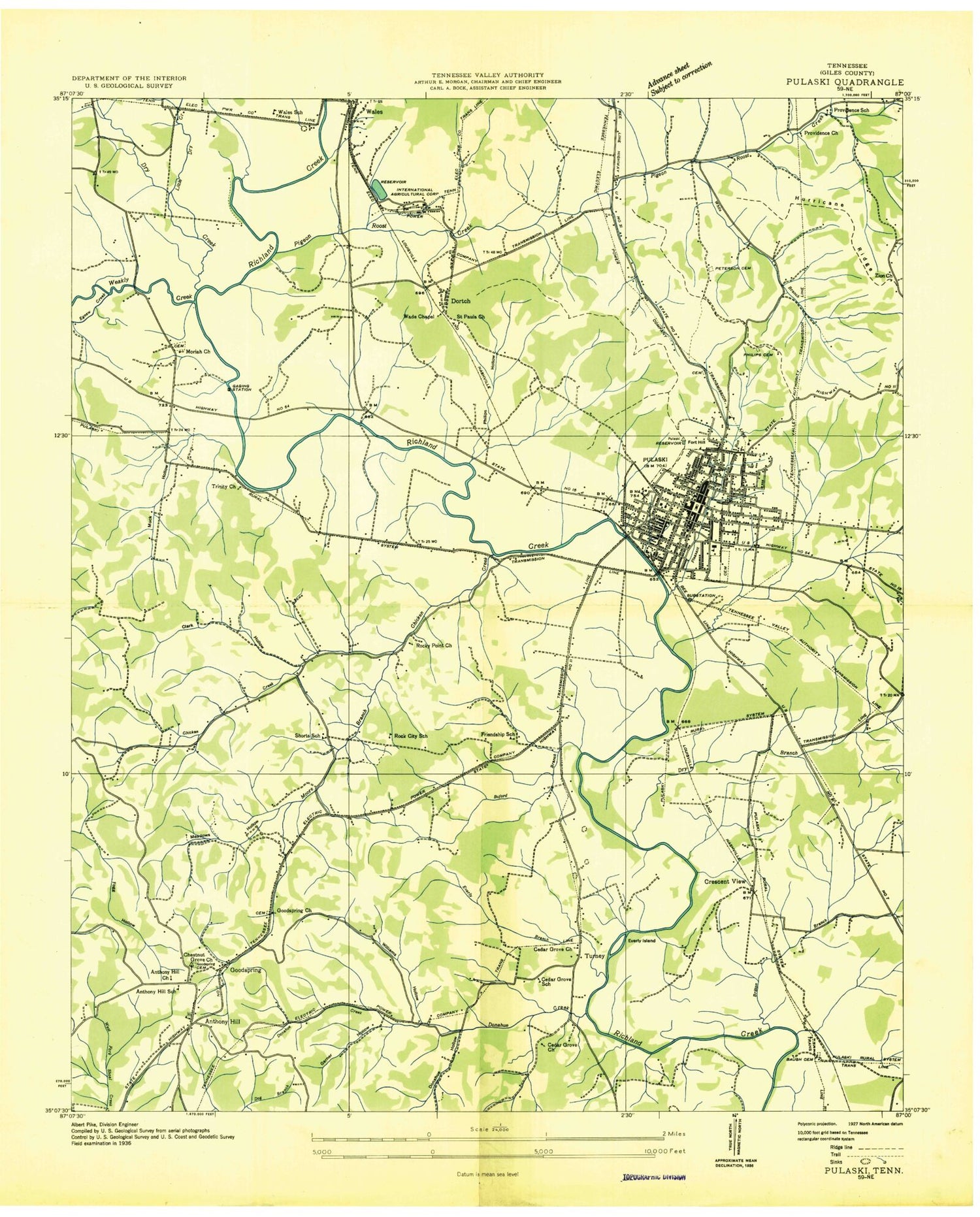 Classic USGS Pulaski Tennessee 7.5'x7.5' Topo Map Image