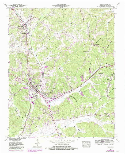Classic USGS Purdy Tennessee 7.5'x7.5' Topo Map Image