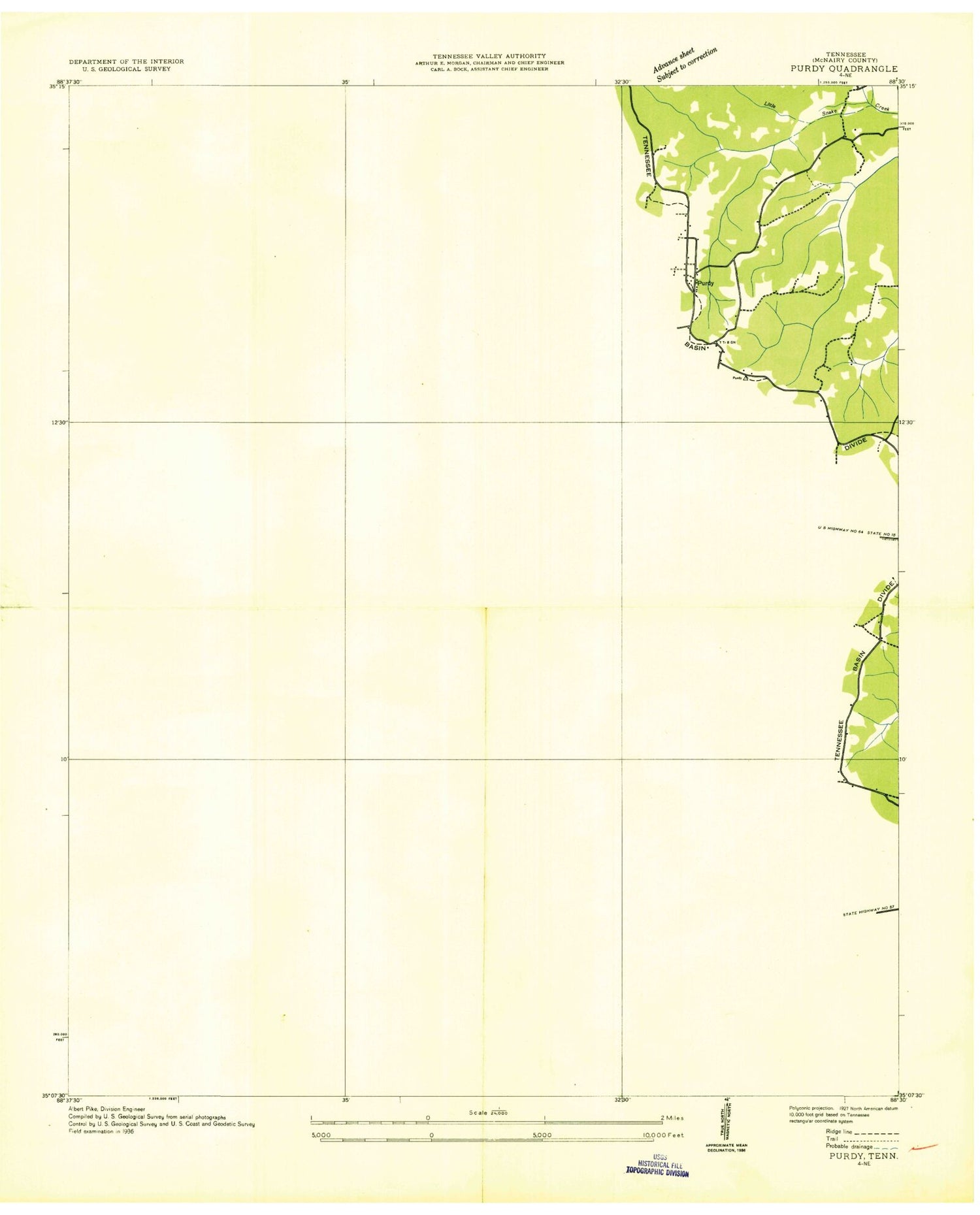 Classic USGS Purdy Tennessee 7.5'x7.5' Topo Map Image