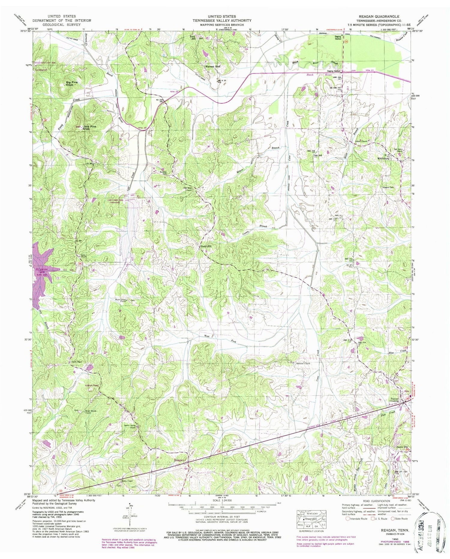 Classic USGS Reagan Tennessee 7.5'x7.5' Topo Map Image