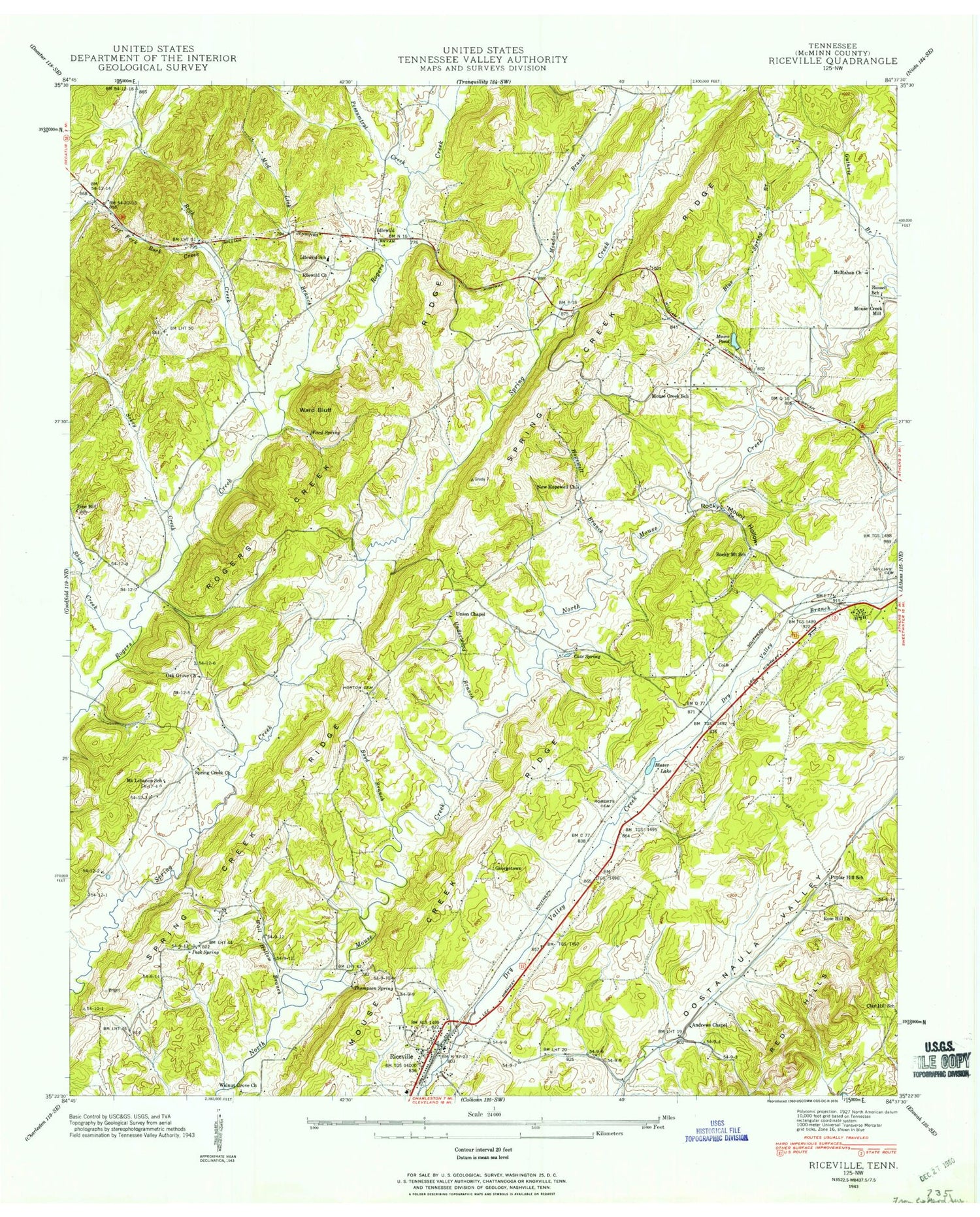 Classic USGS Riceville Tennessee 7.5'x7.5' Topo Map Image