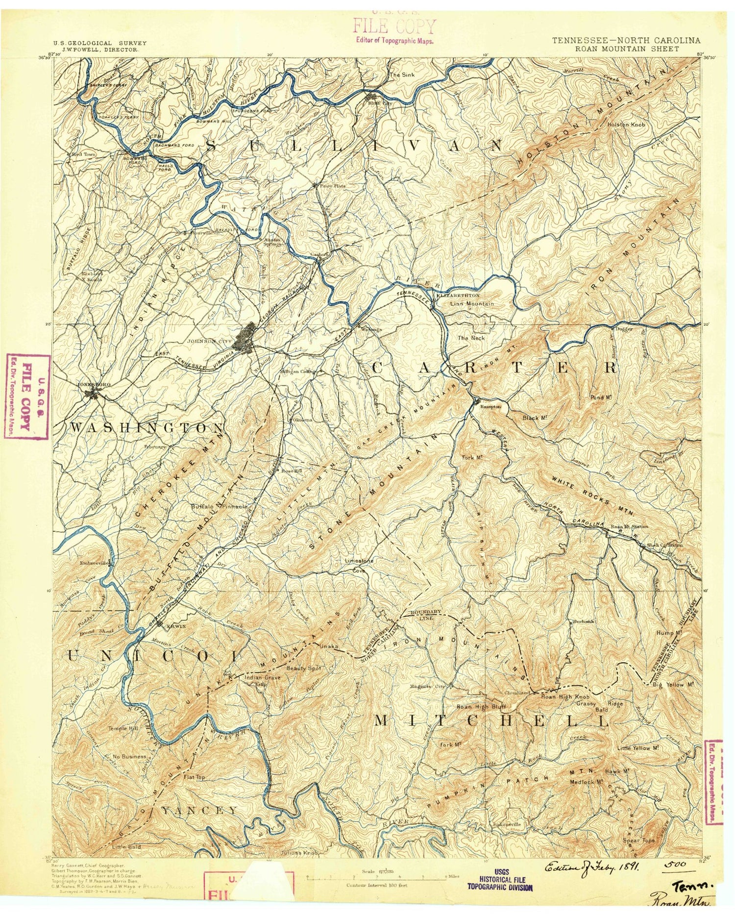 Historic 1891 Room Mountain Tennessee 30'x30' Topo Map Image
