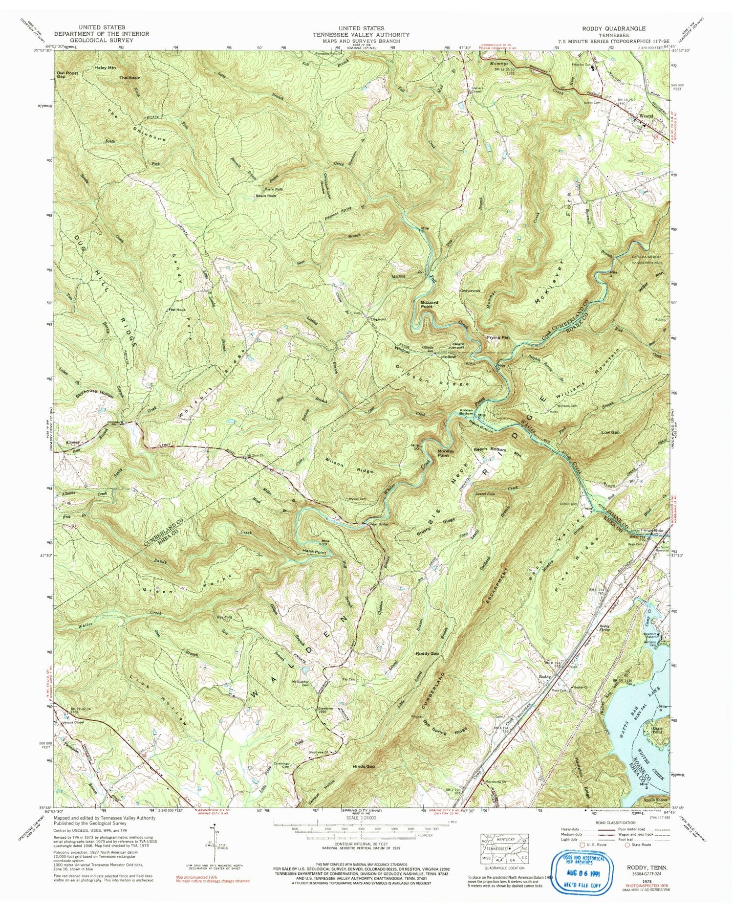 Classic USGS Roddy Tennessee 7.5'x7.5' Topo Map Image