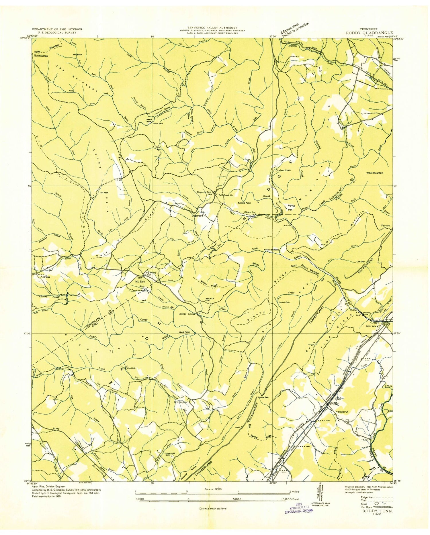 Classic USGS Roddy Tennessee 7.5'x7.5' Topo Map Image