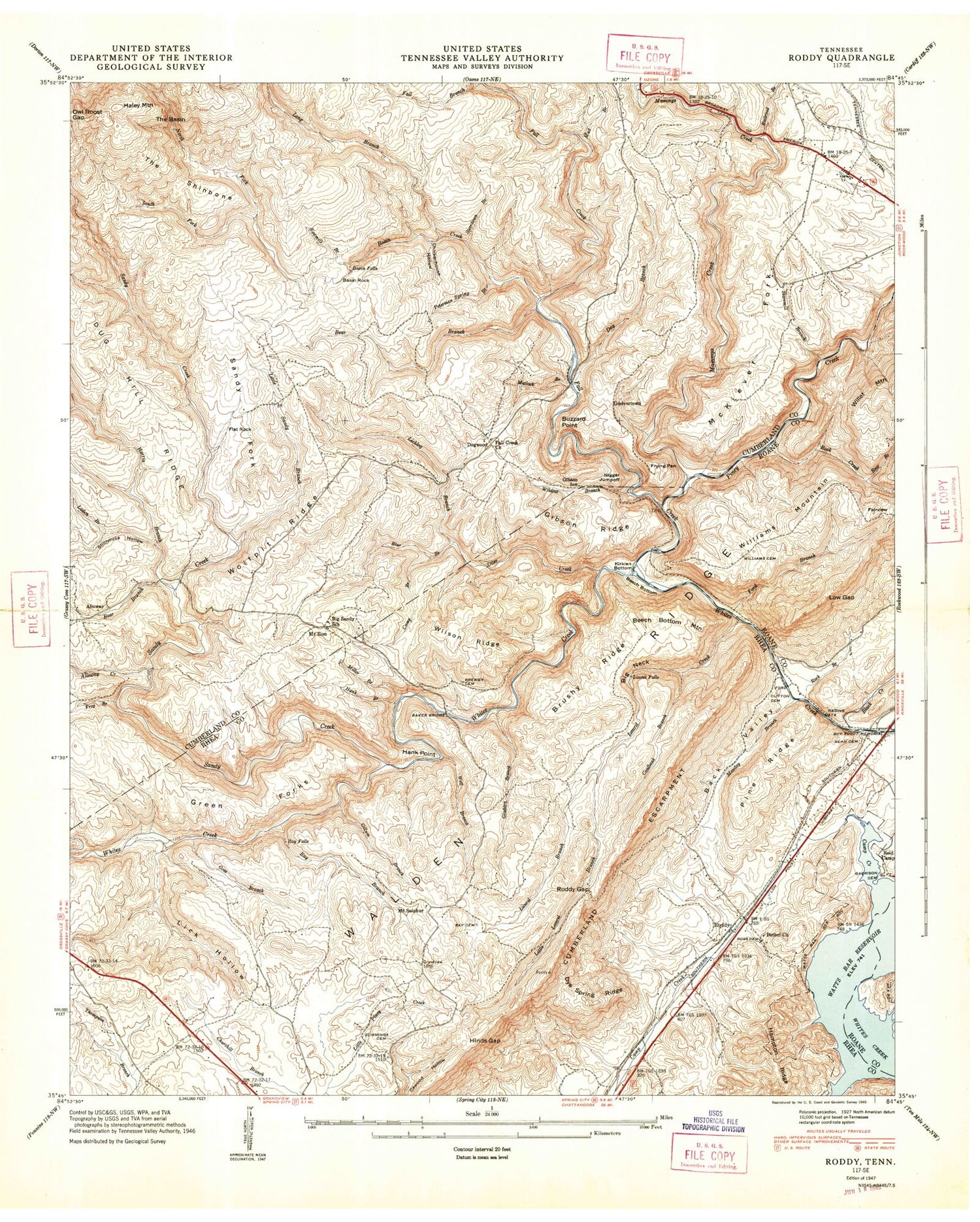Classic USGS Roddy Tennessee 7.5'x7.5' Topo Map Image