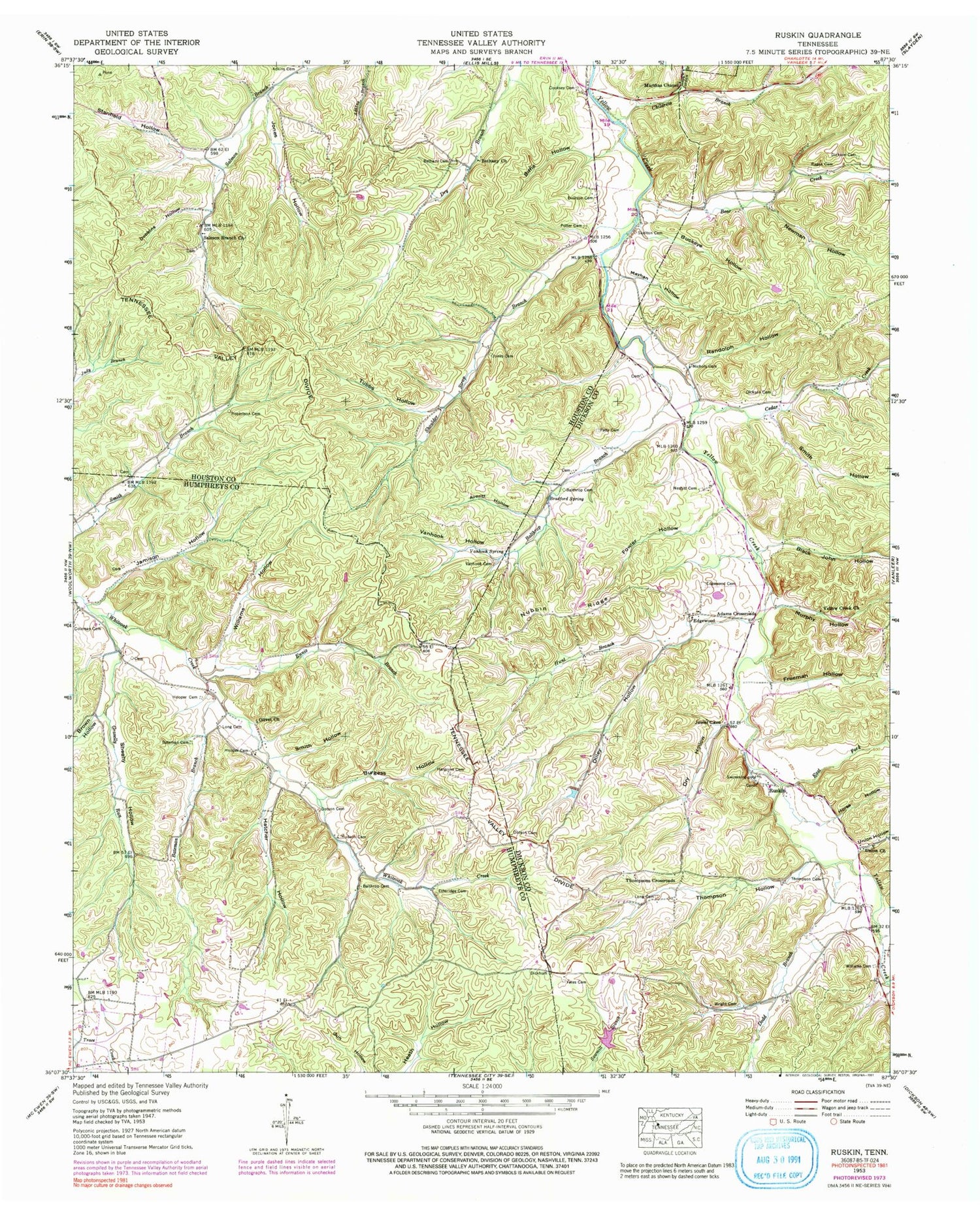 Classic USGS Ruskin Tennessee 7.5'x7.5' Topo Map Image