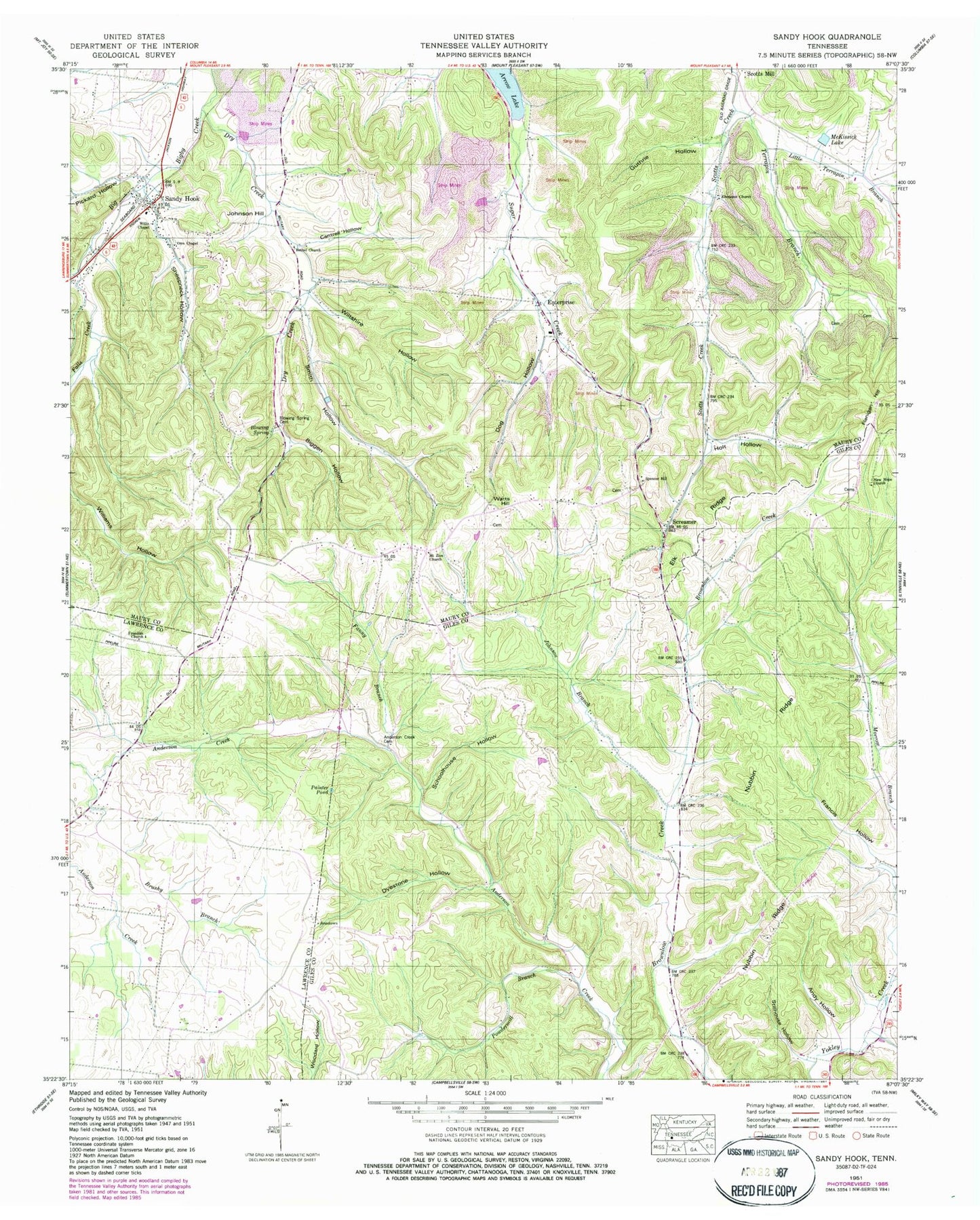 Classic USGS Sandy Hook Tennessee 7.5'x7.5' Topo Map Image