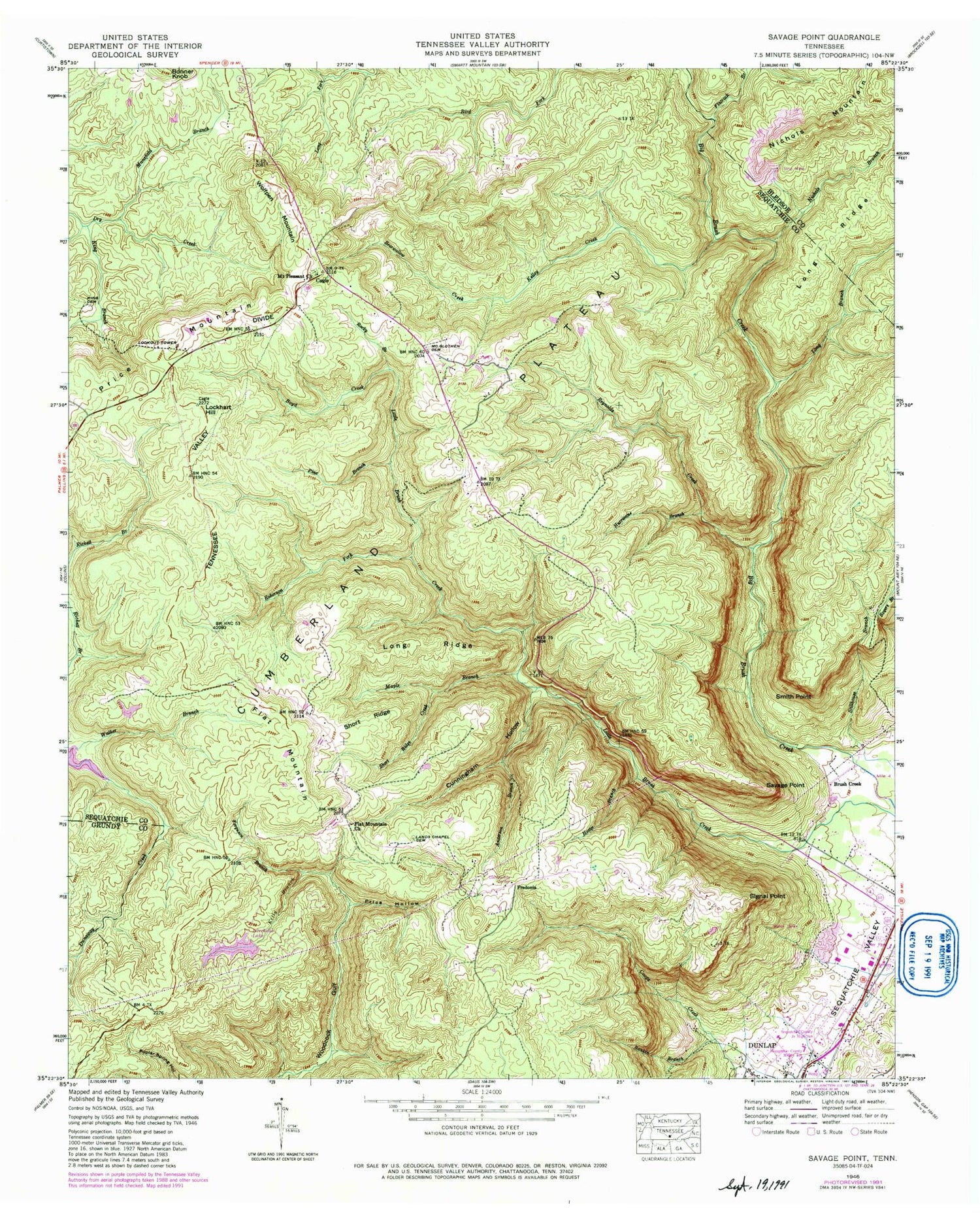 Classic USGS Savage Point Tennessee 7.5'x7.5' Topo Map Image