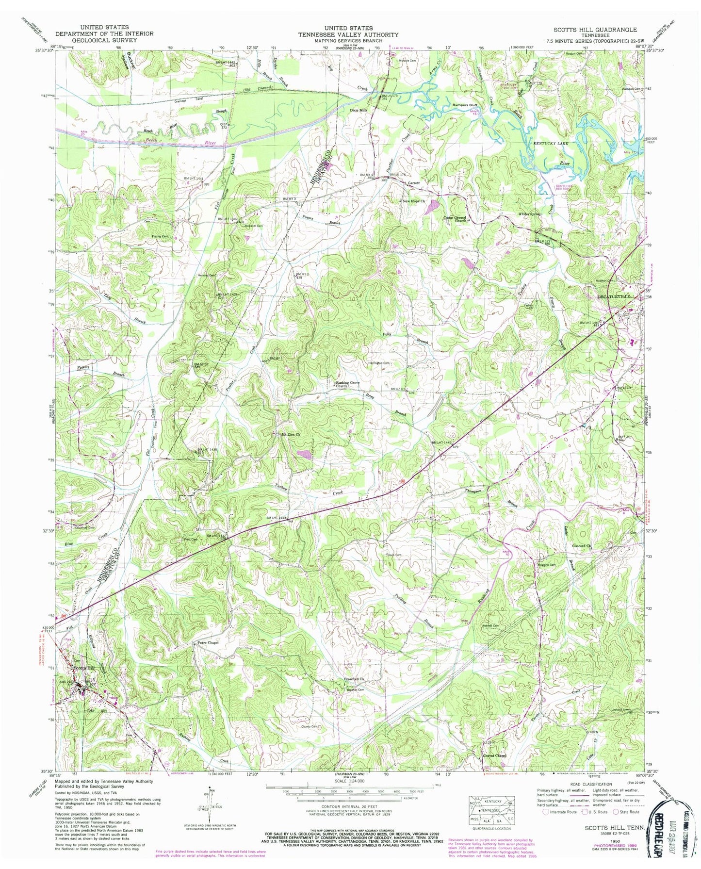 Classic USGS Scotts Hill Tennessee 7.5'x7.5' Topo Map Image