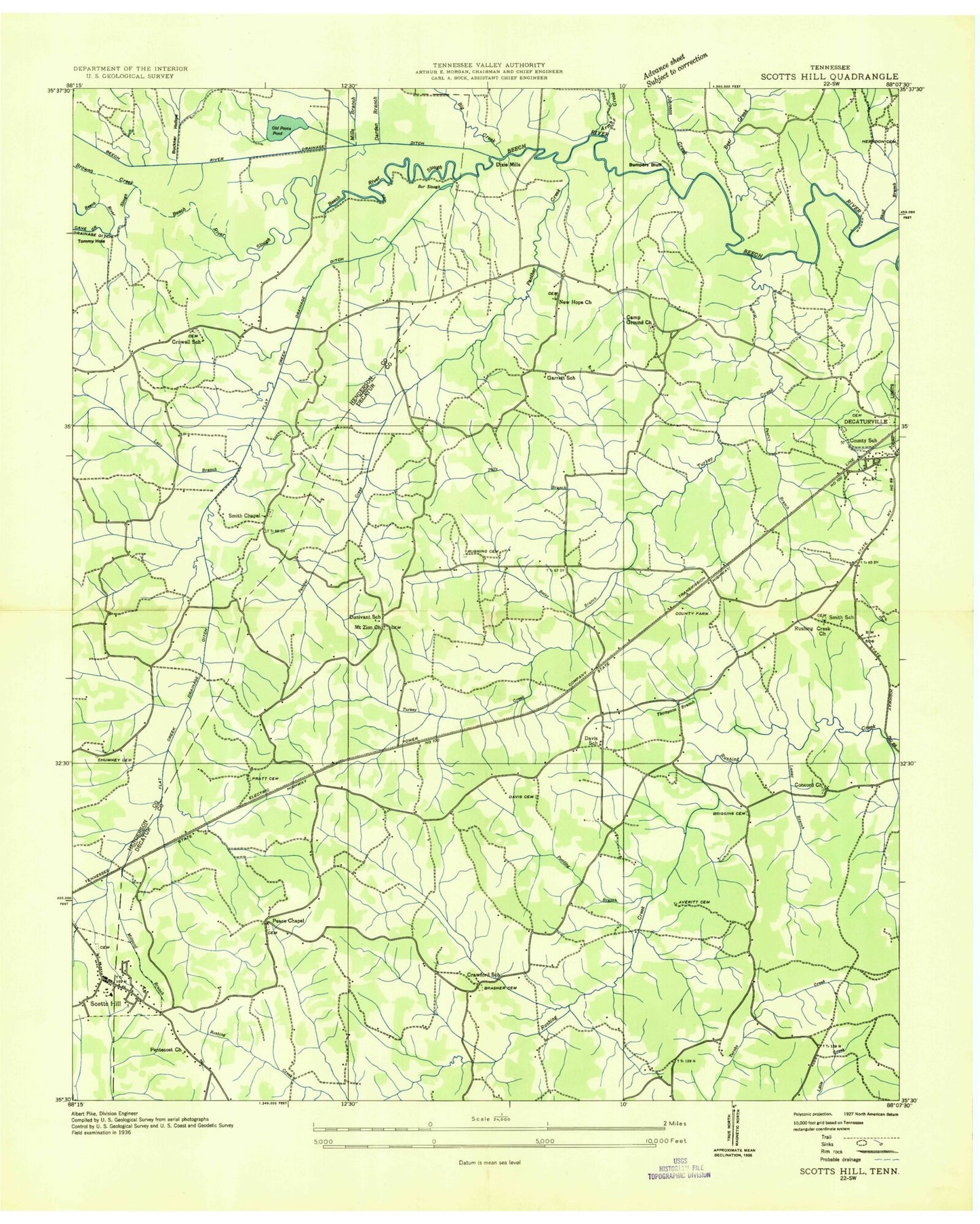 Classic USGS Scotts Hill Tennessee 7.5'x7.5' Topo Map Image