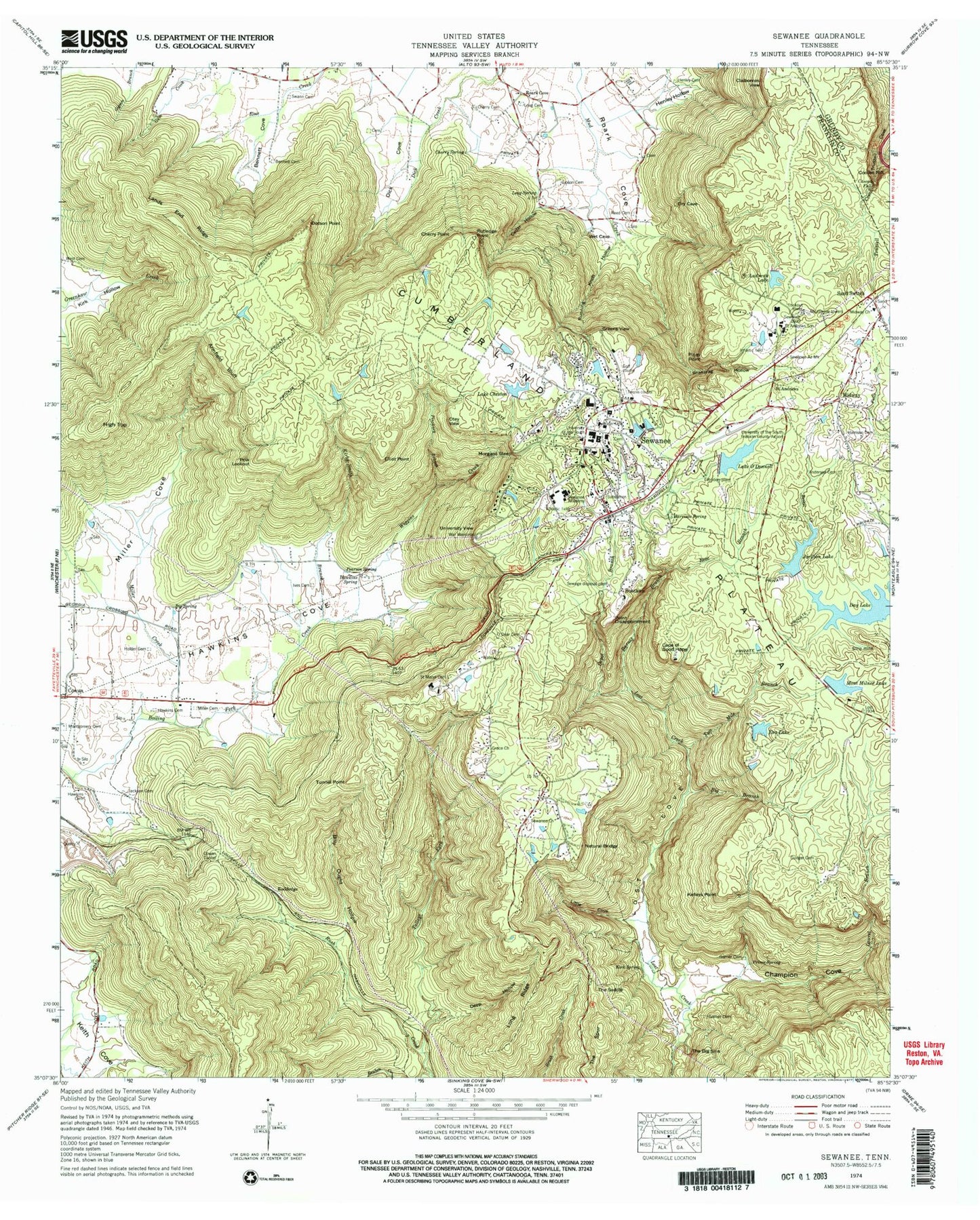 Classic USGS Sewanee Tennessee 7.5'x7.5' Topo Map Image