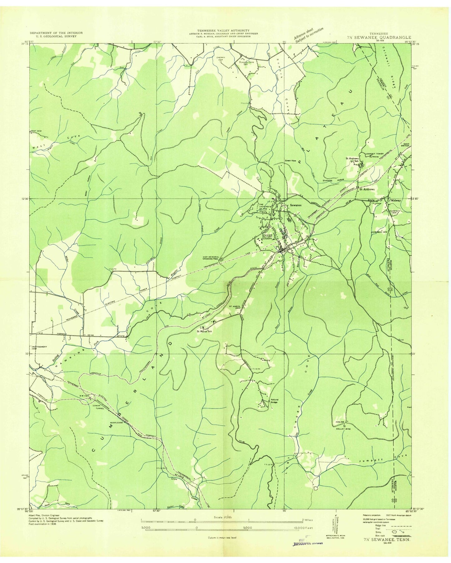 Classic USGS Sewanee Tennessee 7.5'x7.5' Topo Map Image