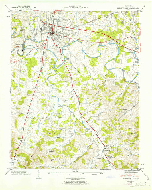 Classic USGS Shelbyville Tennessee 7.5'x7.5' Topo Map Image