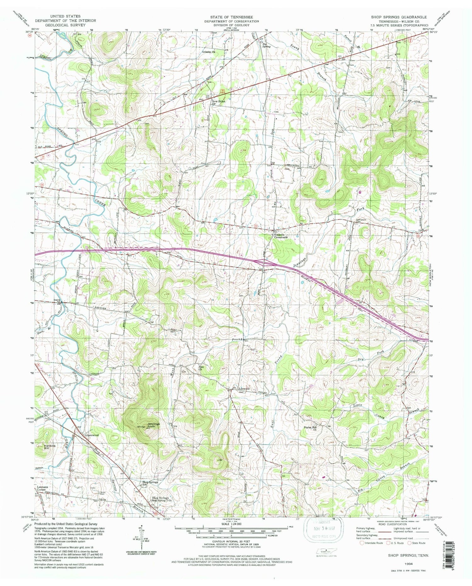 Classic USGS Shop Springs Tennessee 7.5'x7.5' Topo Map Image