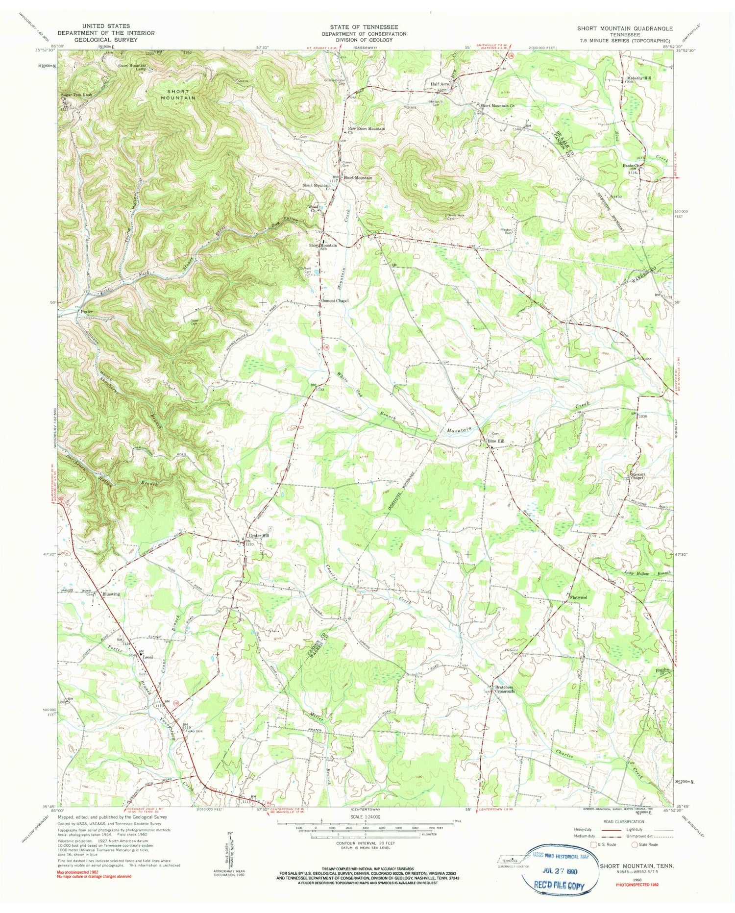 Classic USGS Short Mountain Tennessee 7.5'x7.5' Topo Map Image