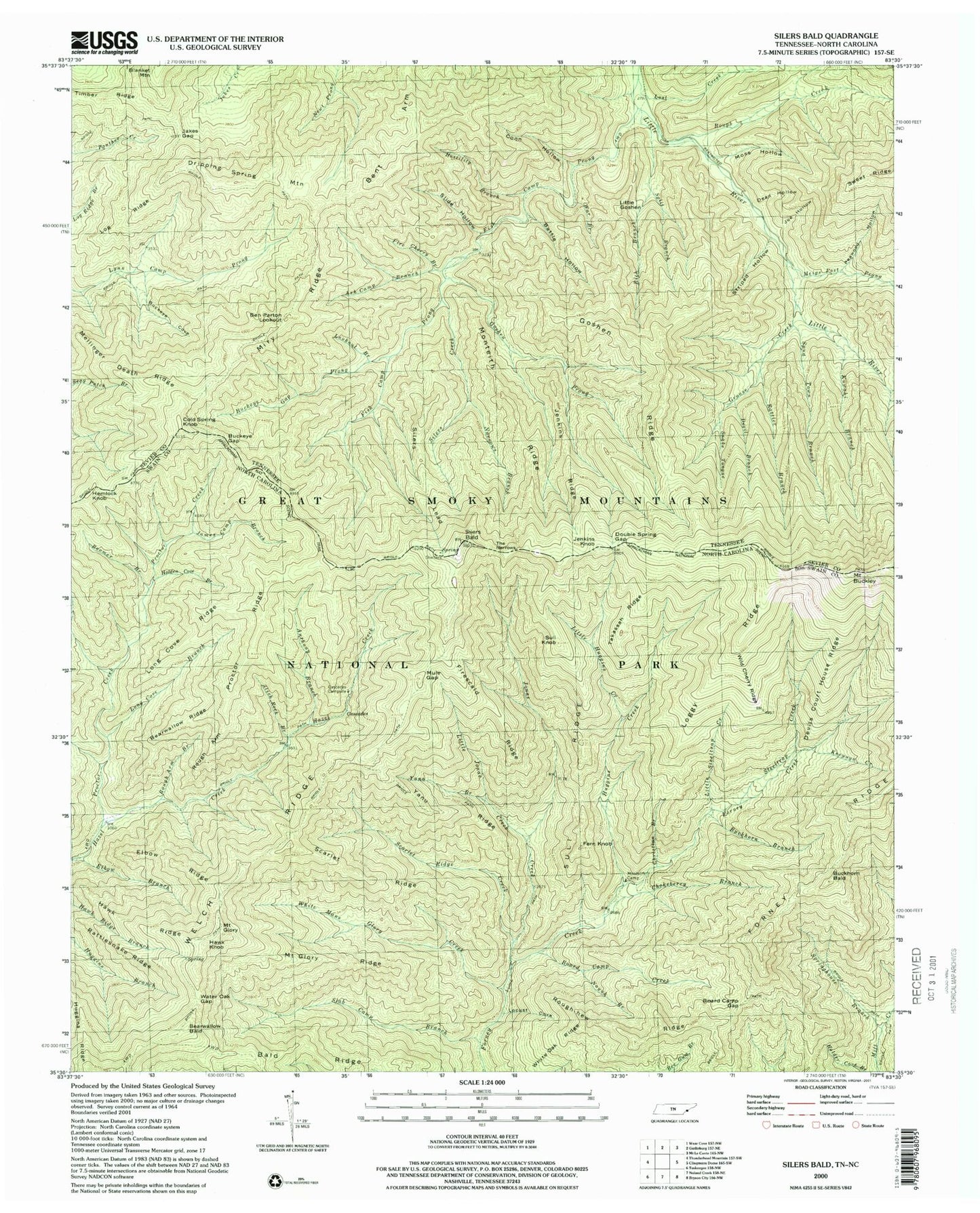 USGS Classic Silers Bald North Carolina 7.5'x7.5' Topo Map Image