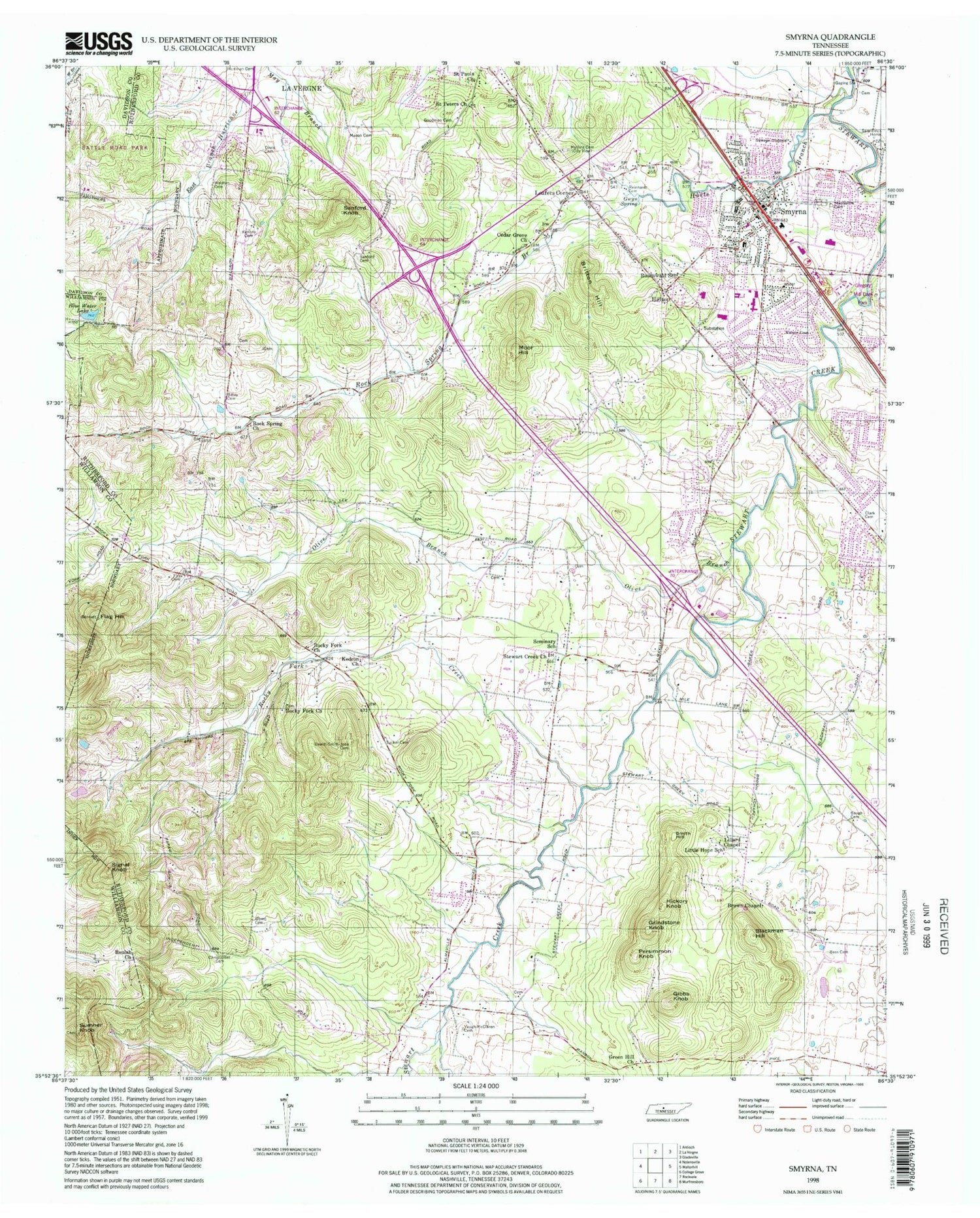 Classic USGS Smyrna Tennessee 7.5'x7.5' Topo Map Image