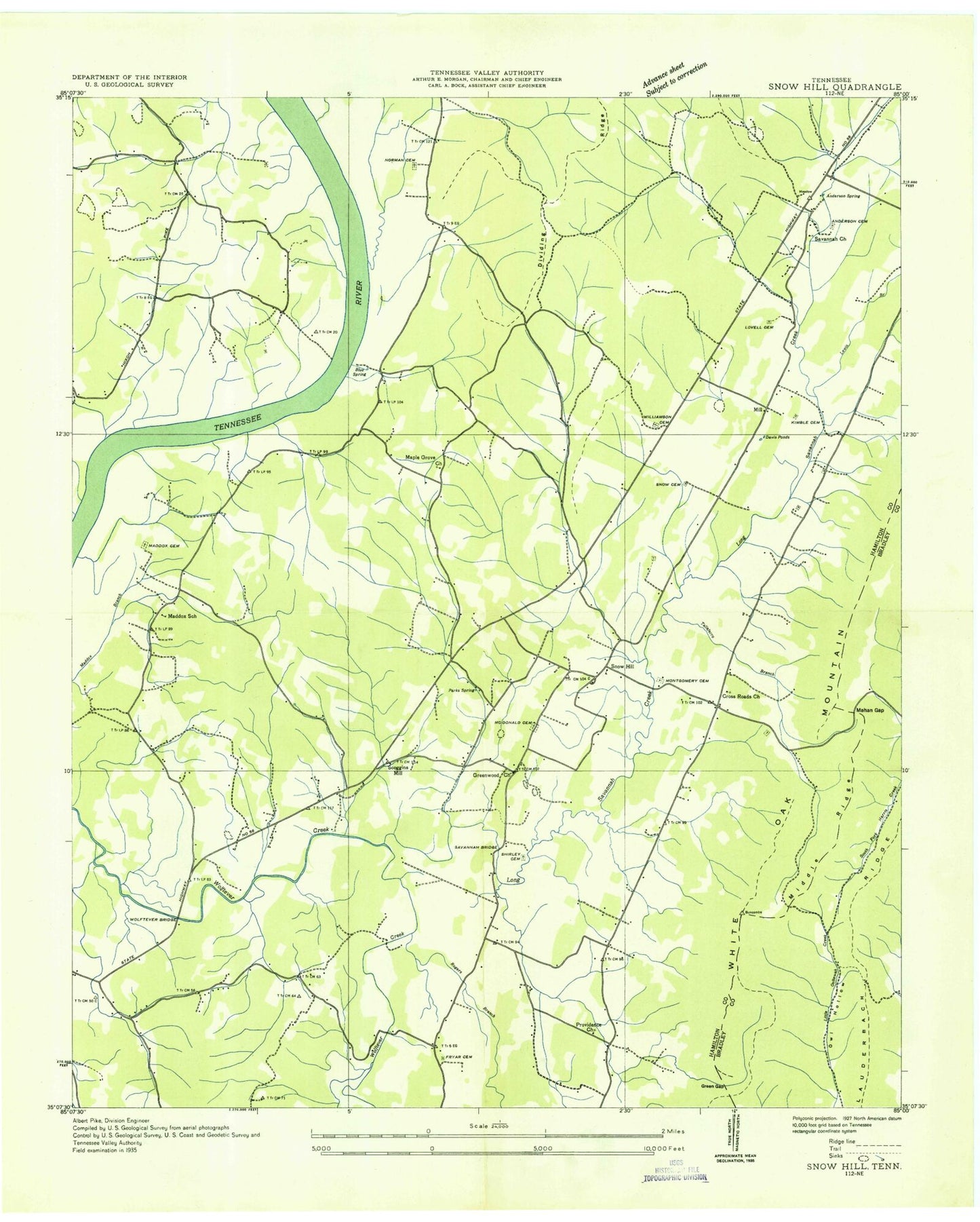 Classic USGS Snow Hill Tennessee 7.5'x7.5' Topo Map Image