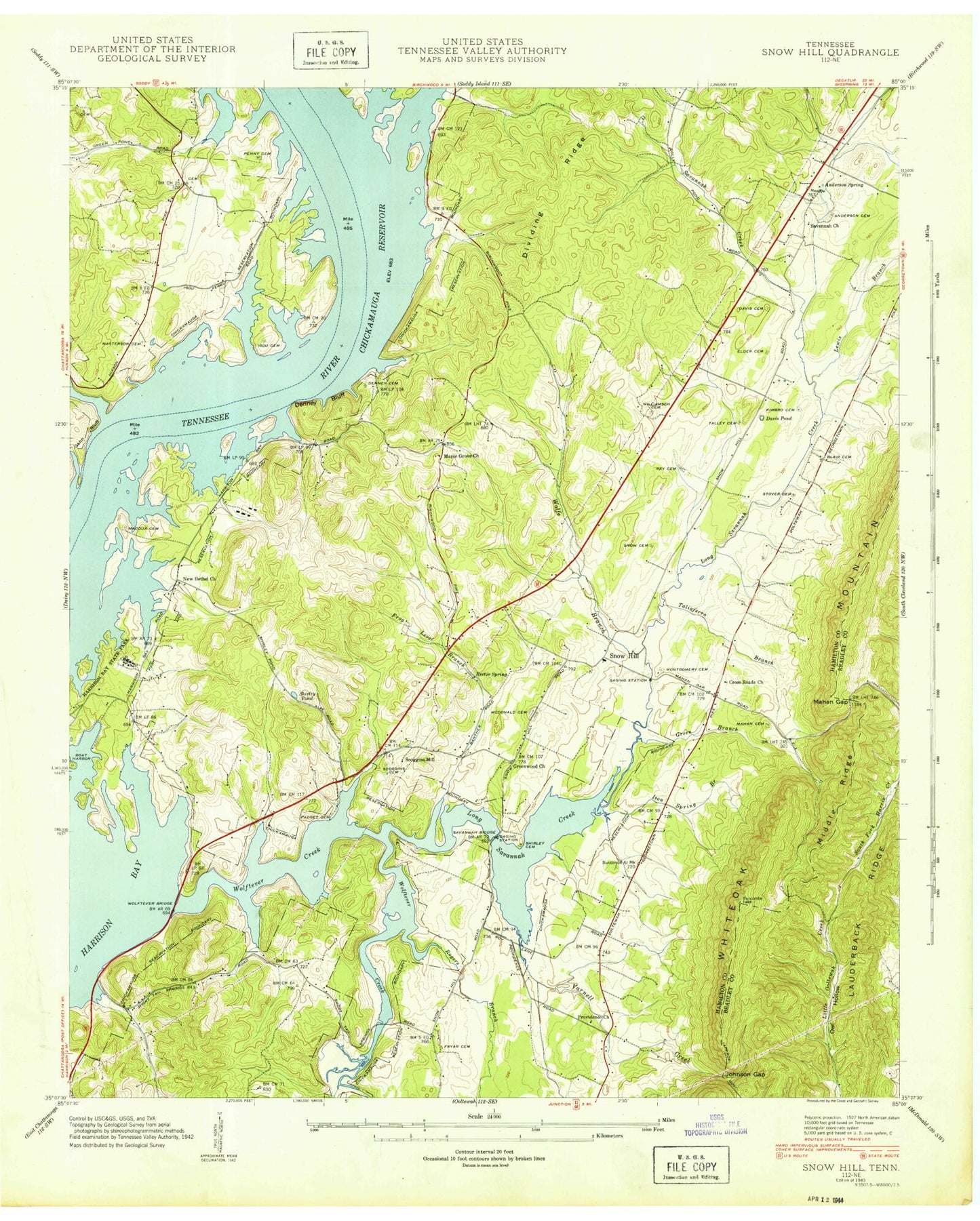 Classic USGS Snow Hill Tennessee 7.5'x7.5' Topo Map Image