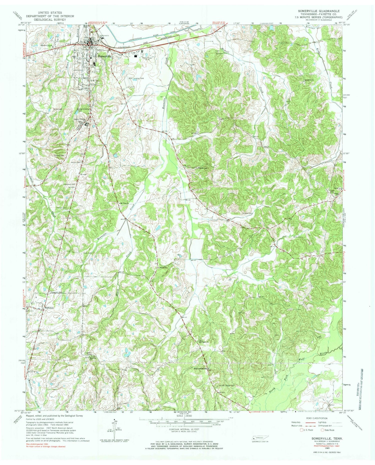 Classic USGS Somerville Tennessee 7.5'x7.5' Topo Map Image