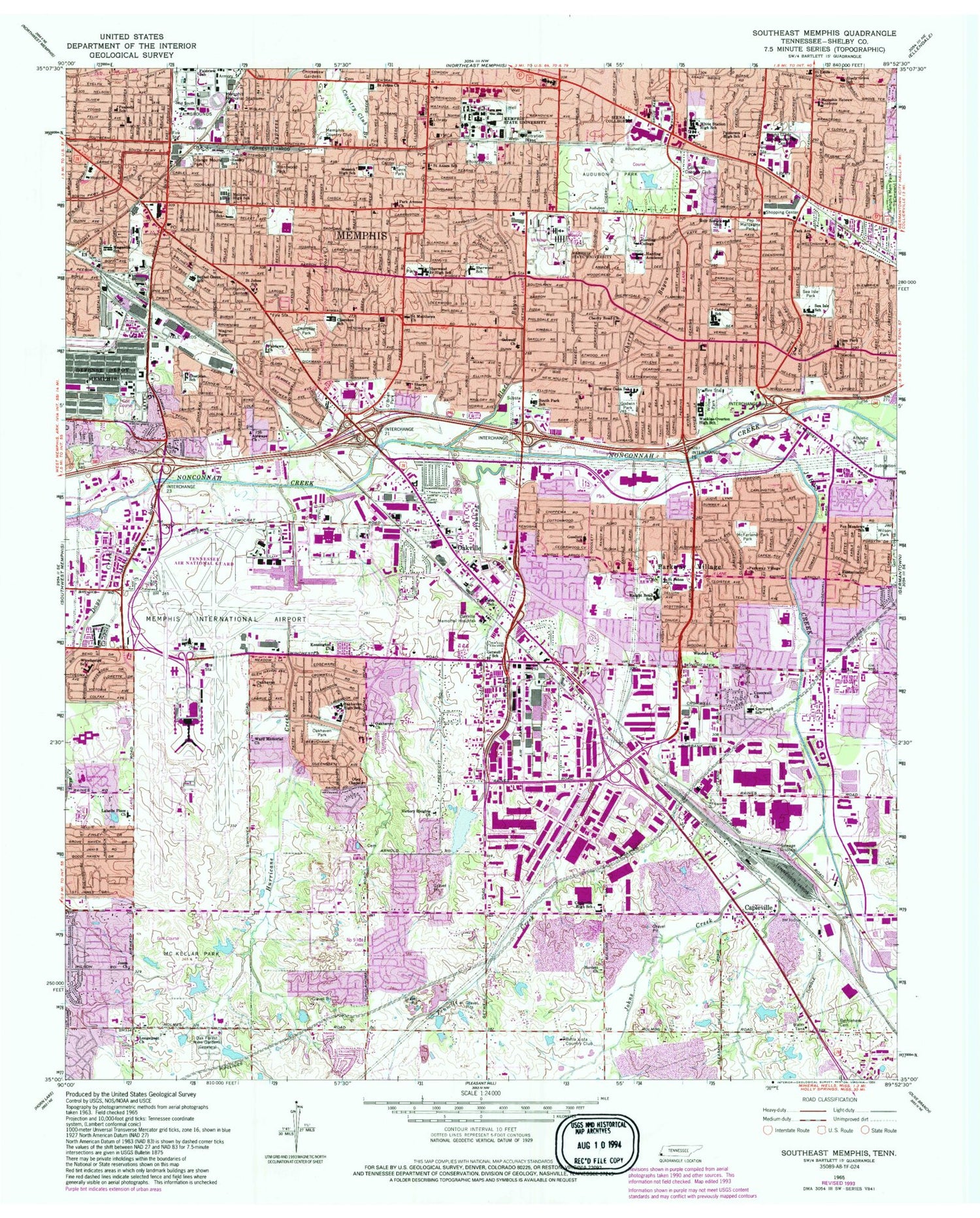 Classic USGS Southeast Memphis Tennessee 7.5'x7.5' Topo Map Image