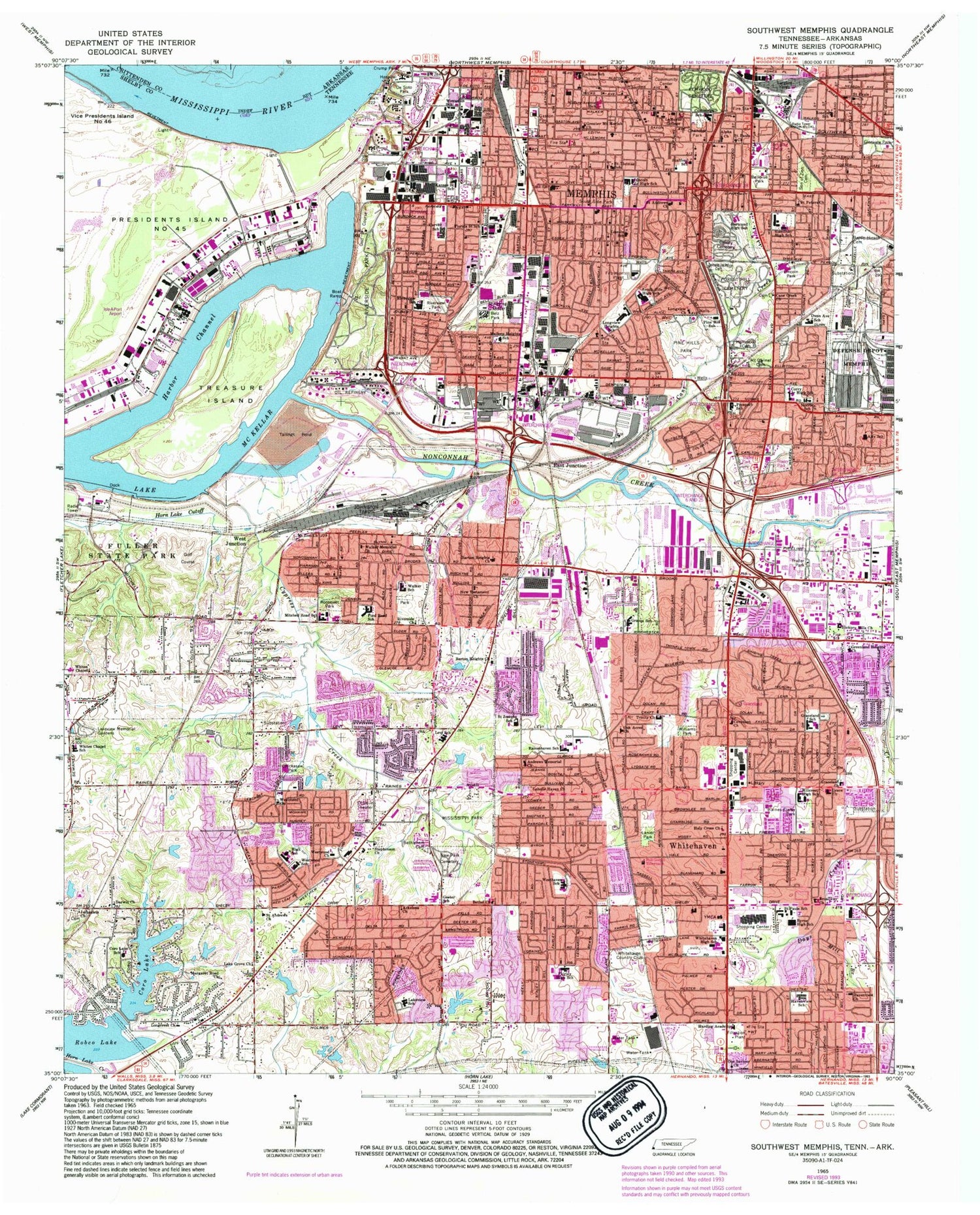 Classic USGS Southwest Memphis Tennessee 7.5'x7.5' Topo Map Image