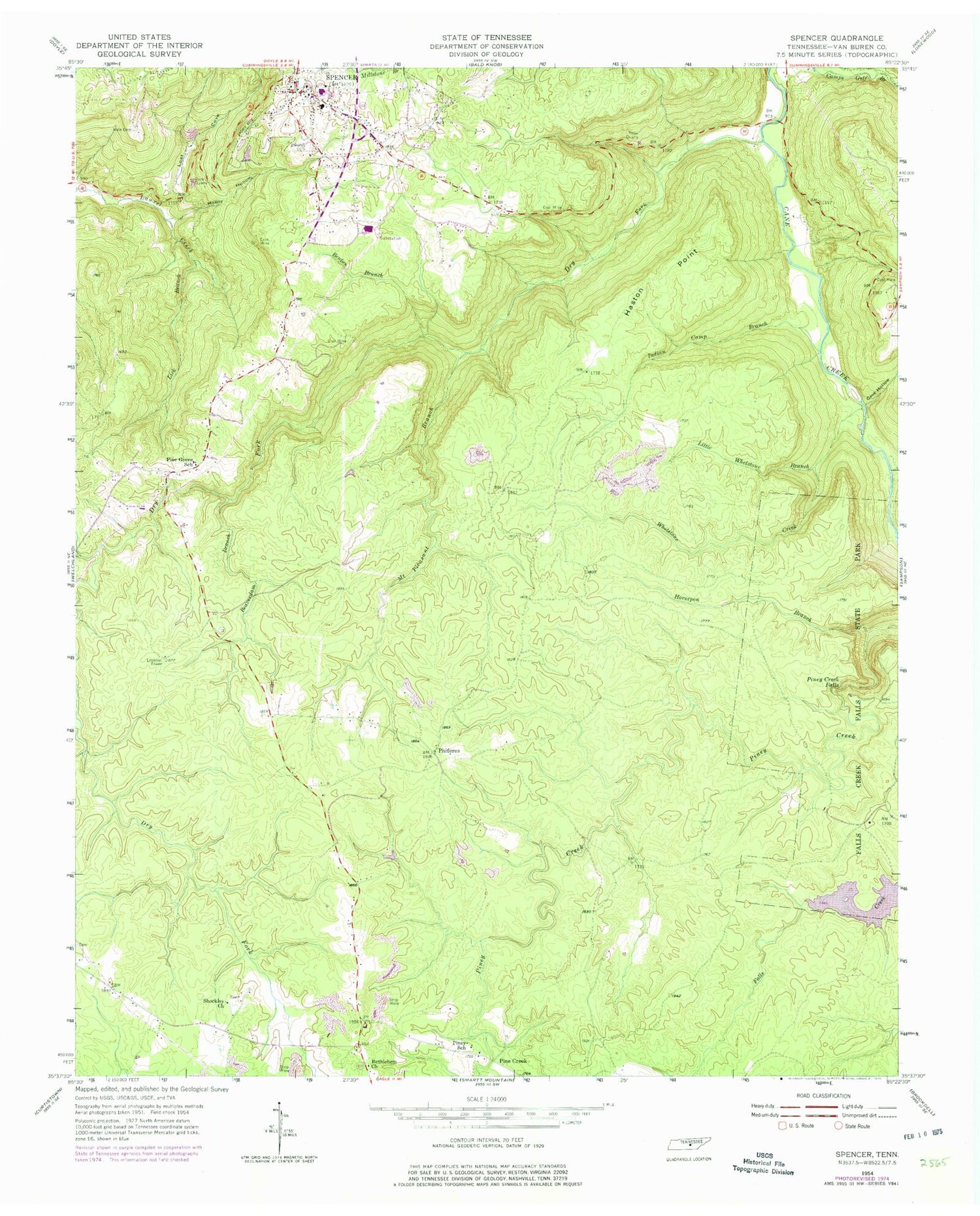 Classic USGS Spencer Tennessee 7.5'x7.5' Topo Map Image