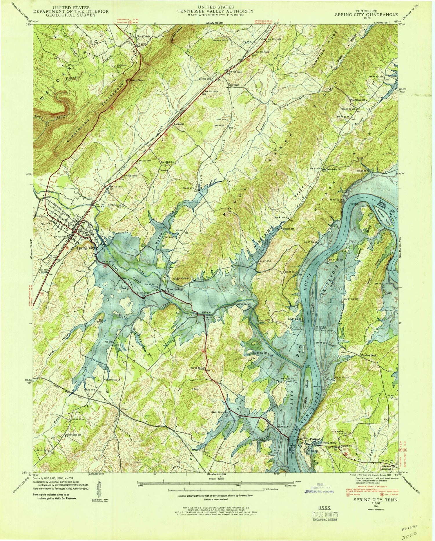 Classic USGS Spring City Tennessee 7.5'x7.5' Topo Map Image