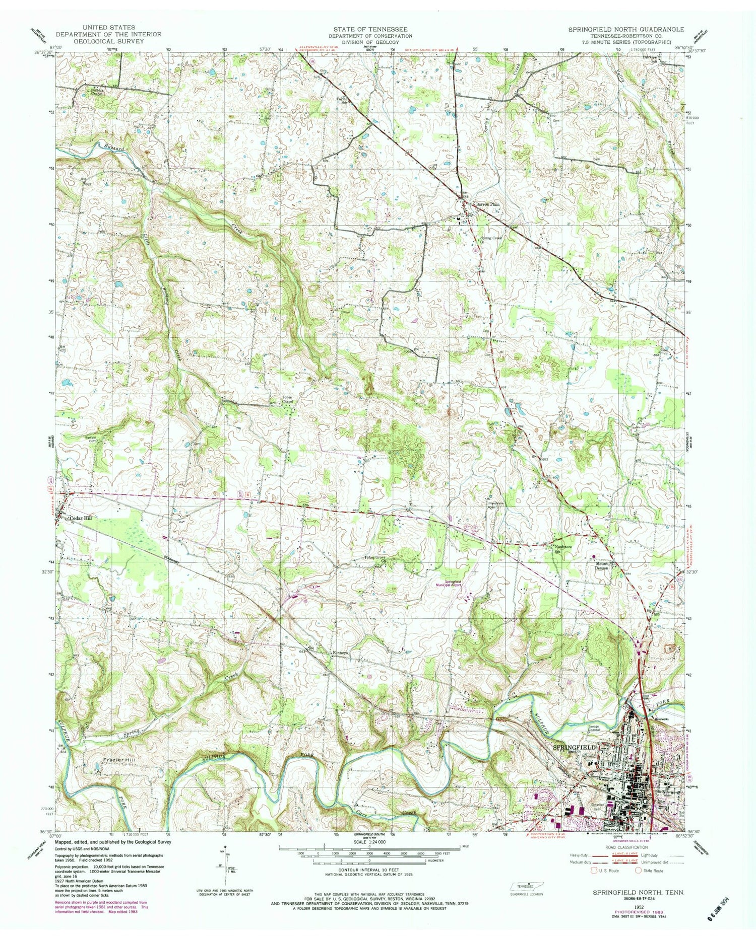 Classic USGS Springfield North Tennessee 7.5'x7.5' Topo Map Image