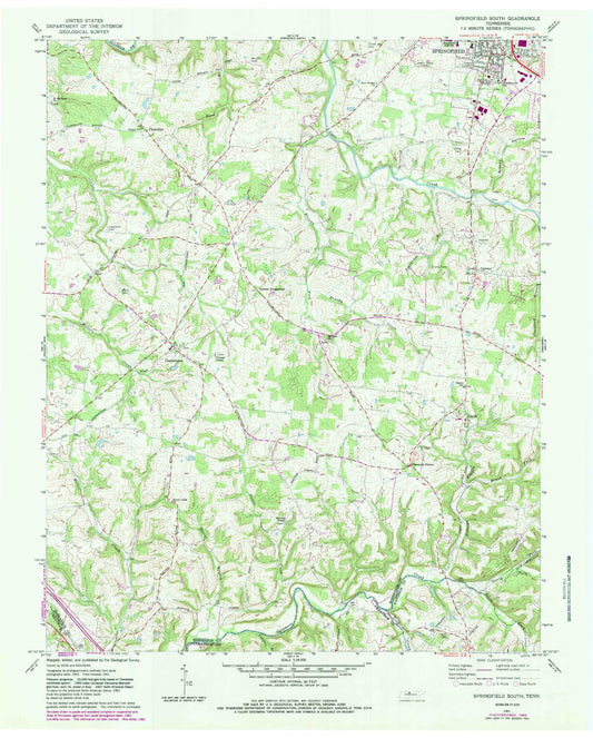 Classic USGS Springfield South Tennessee 7.5'x7.5' Topo Map Image
